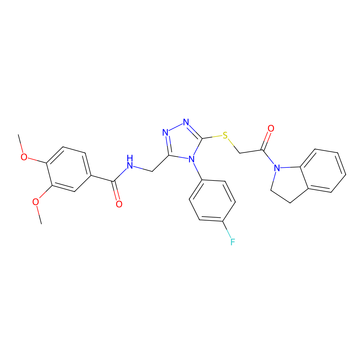 N-((4-(4-fluorophenyl)-5-((2-(indolin-1-yl)-2-oxoethyl)thio)-4H-1,2,4-triazol-3-yl)methyl)-3,4-dimethoxybenzamide molecular structure, CAS 309969-14-0