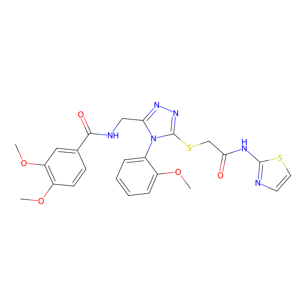 3,4-dimethoxy-N-((4-(2-methoxyphenyl)-5-((2-oxo-2-(thiazol-2-ylamino)ethyl)thio)-4H-1,2,4-triazol-3-yl)methyl)benzamide molecular structure, CAS 309969-15-1