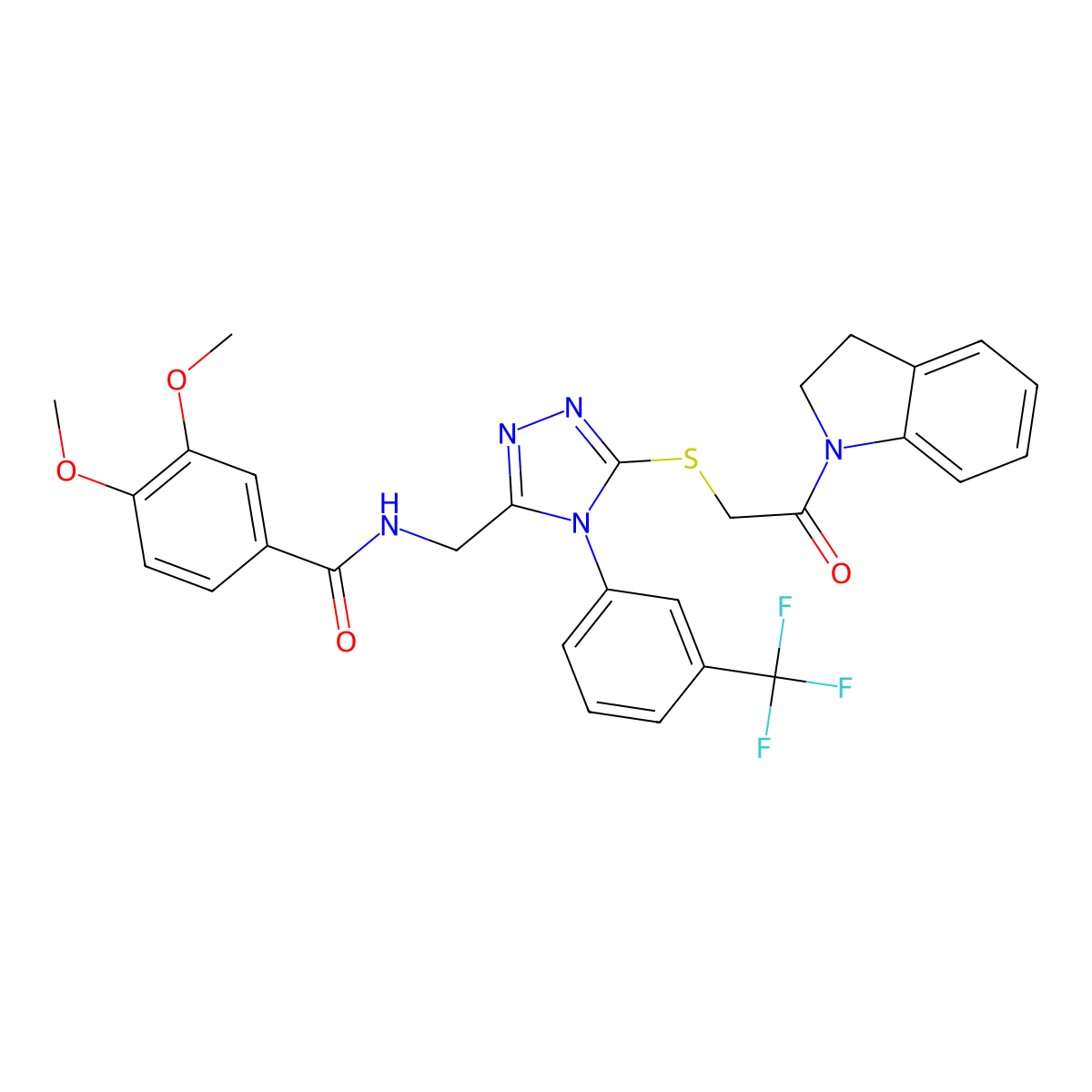 N-((5-((2-(indolin-1-yl)-2-oxoethyl)thio)-4-(3-(trifluoromethyl)phenyl)-4H-1,2,4-triazol-3-yl)methyl)-3,4-dimethoxybenzamide molecular structure, CAS 309969-18-4