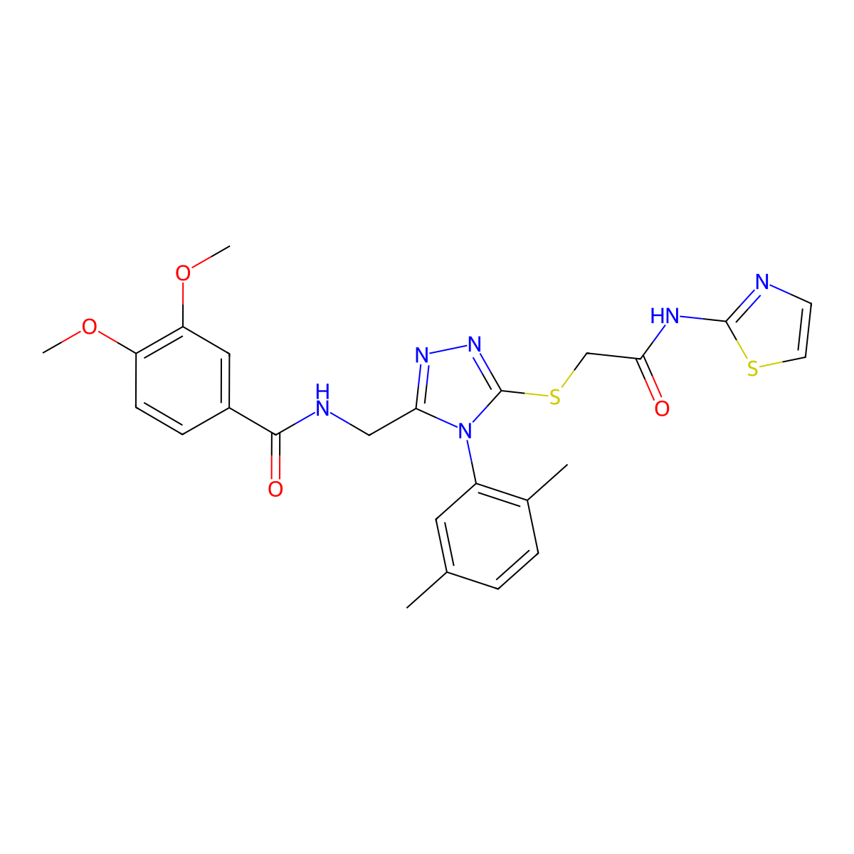N-((4-(2,5-dimethylphenyl)-5-((2-oxo-2-(thiazol-2-ylamino)ethyl)thio)-4H-1,2,4-triazol-3-yl)methyl)-3,4-dimethoxybenzamide molecular structure, CAS 309969-19-5
