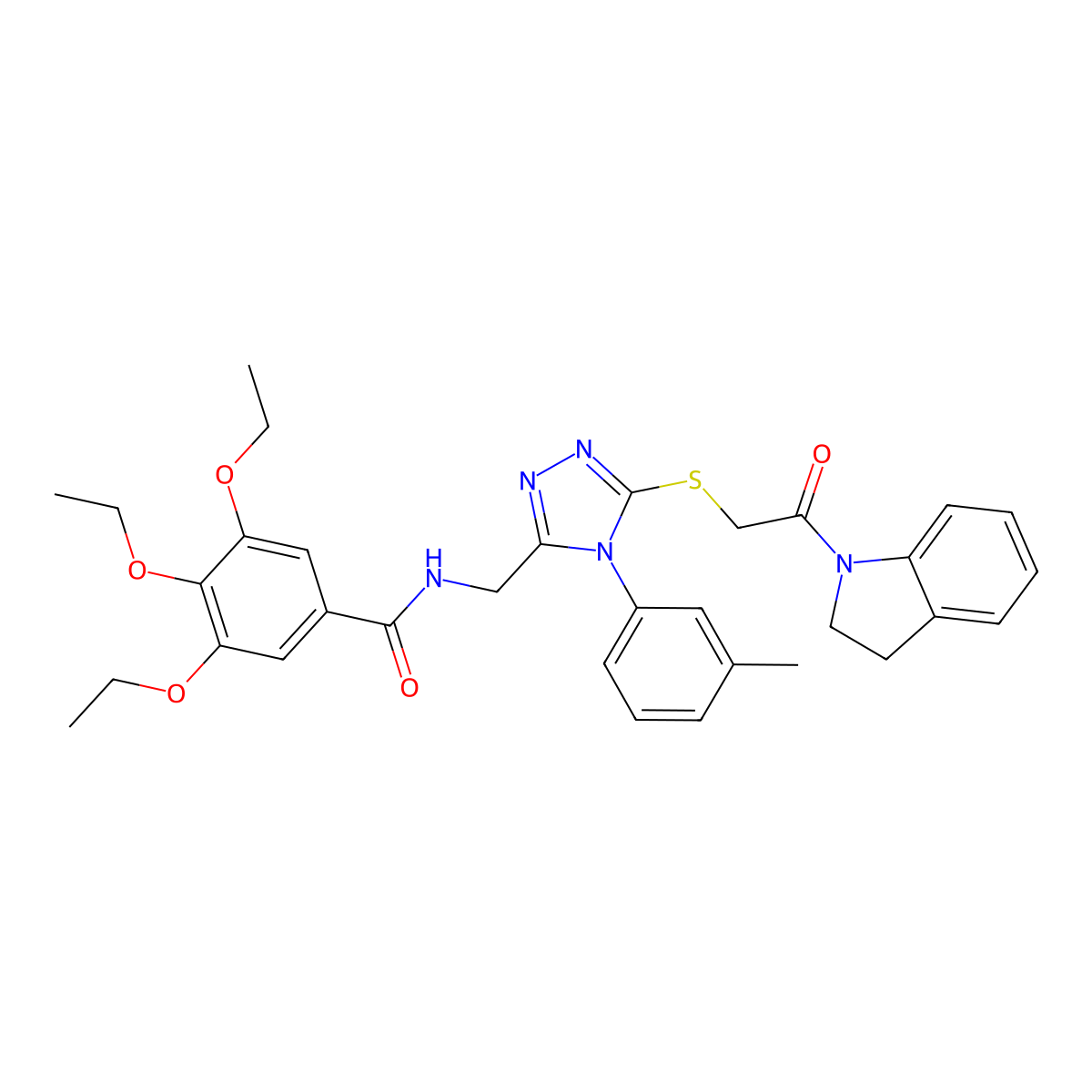 3,4,5-triethoxy-N-((5-((2-(indolin-1-yl)-2-oxoethyl)thio)-4-(m-tolyl)-4H-1,2,4-triazol-3-yl)methyl)benzamide molecular structure, CAS 309969-26-4