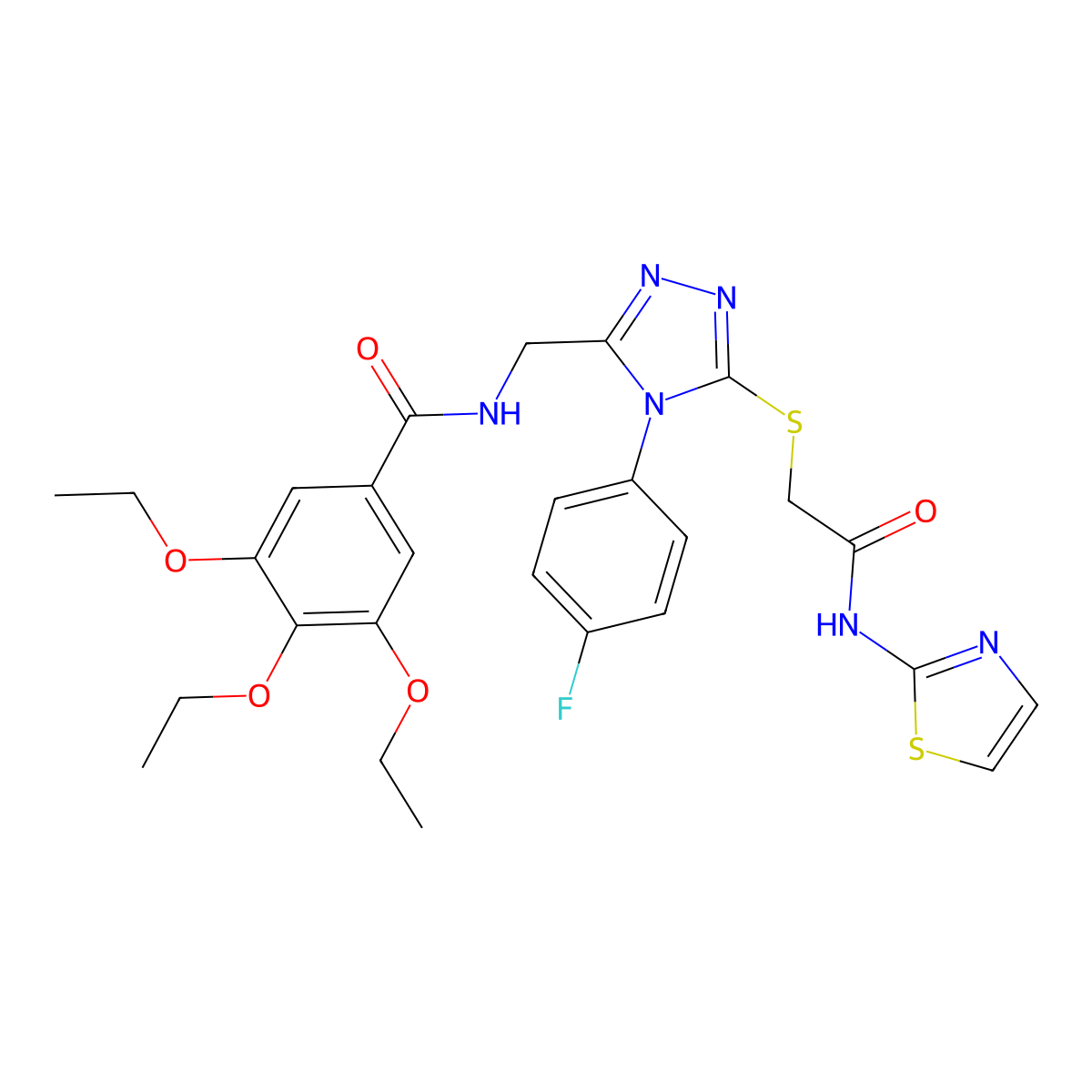 3,4,5-triethoxy-N-((4-(4-fluorophenyl)-5-((2-oxo-2-(thiazol-2-ylamino)ethyl)thio)-4H-1,2,4-triazol-3-yl)methyl)benzamide molecular structure, CAS 309969-27-5