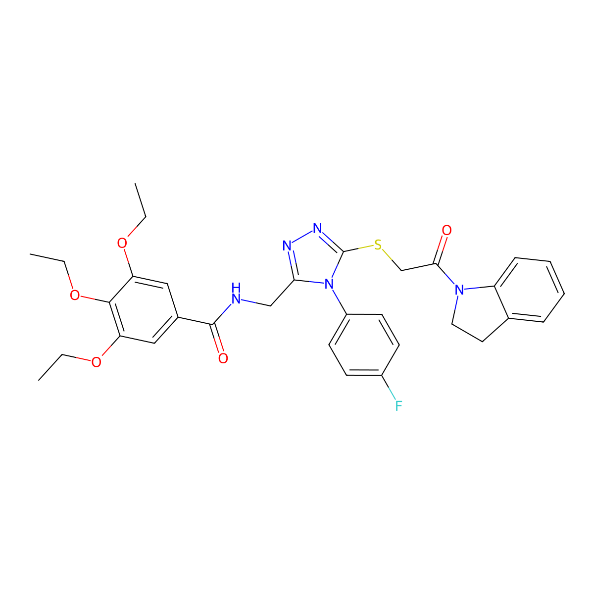 3,4,5-triethoxy-N-((4-(4-fluorophenyl)-5-((2-(indolin-1-yl)-2-oxoethyl)thio)-4H-1,2,4-triazol-3-yl)methyl)benzamide molecular structure, CAS 309969-28-6