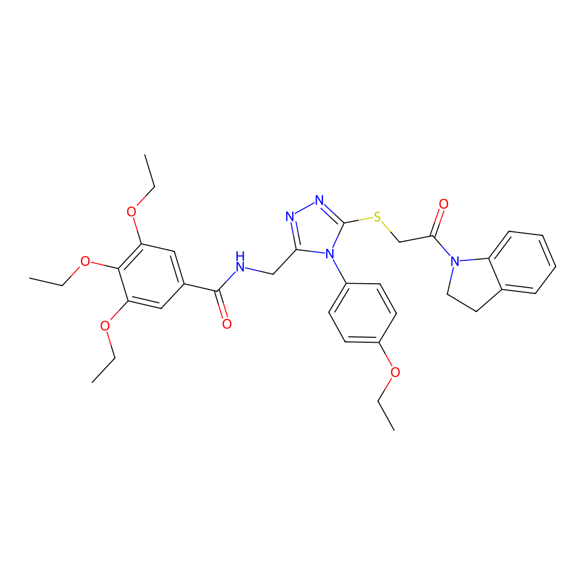 3,4,5-triethoxy-N-((4-(4-ethoxyphenyl)-5-((2-(indolin-1-yl)-2-oxoethyl)thio)-4H-1,2,4-triazol-3-yl)methyl)benzamide molecular structure, CAS 309969-35-5