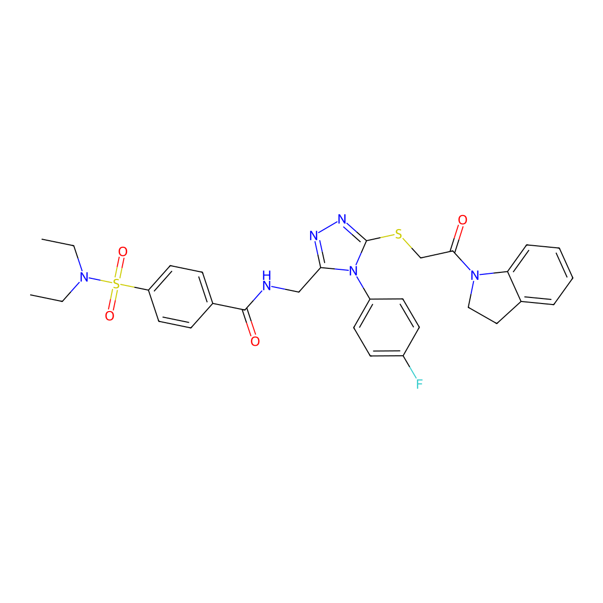 4-(N,N-diethylsulfamoyl)-N-((4-(4-fluorophenyl)-5-((2-(indolin-1-yl)-2-oxoethyl)thio)-4H-1,2,4-triazol-3-yl)methyl)benzamide molecular structure, CAS 309969-37-7
