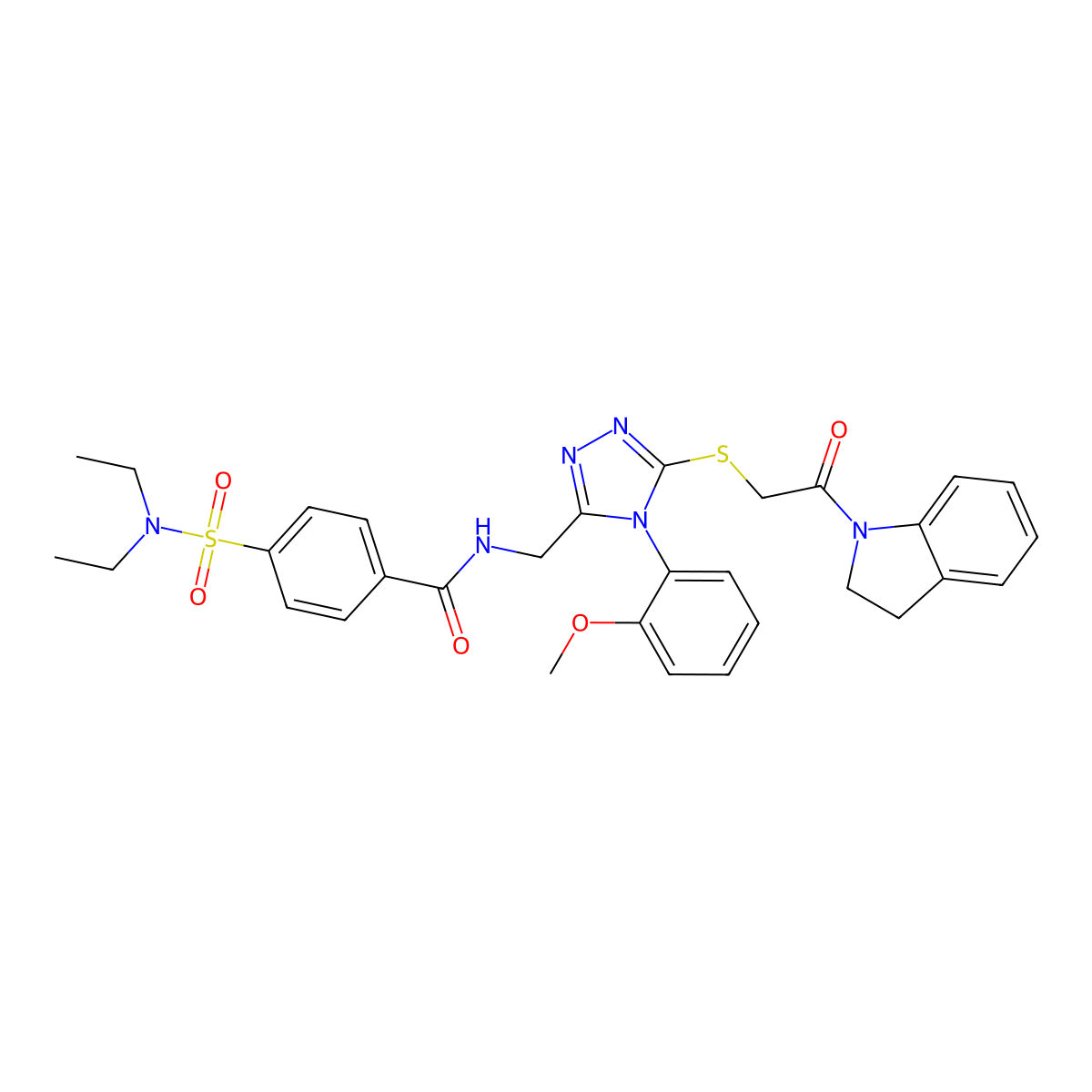 4-(N,N-diethylsulfamoyl)-N-((5-((2-(indolin-1-yl)-2-oxoethyl)thio)-4-(2-methoxyphenyl)-4H-1,2,4-triazol-3-yl)methyl)benzamide molecular structure, CAS 309969-40-2