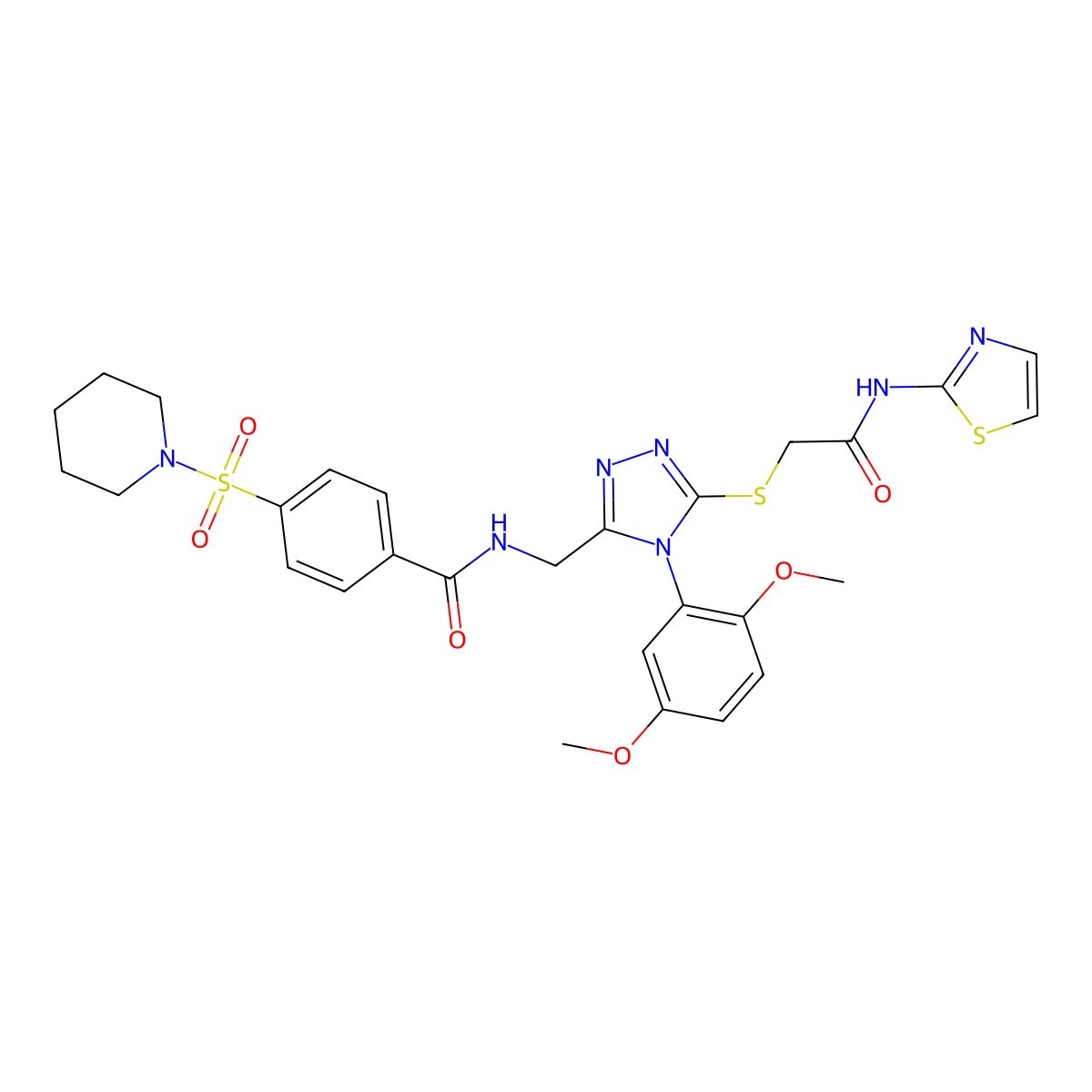 N-((4-(2,5-dimethoxyphenyl)-5-((2-oxo-2-(thiazol-2-ylamino)ethyl)thio)-4H-1,2,4-triazol-3-yl)methyl)-4-(piperidin-1-ylsulfonyl)benzamide molecular structure, CAS 309969-50-4
