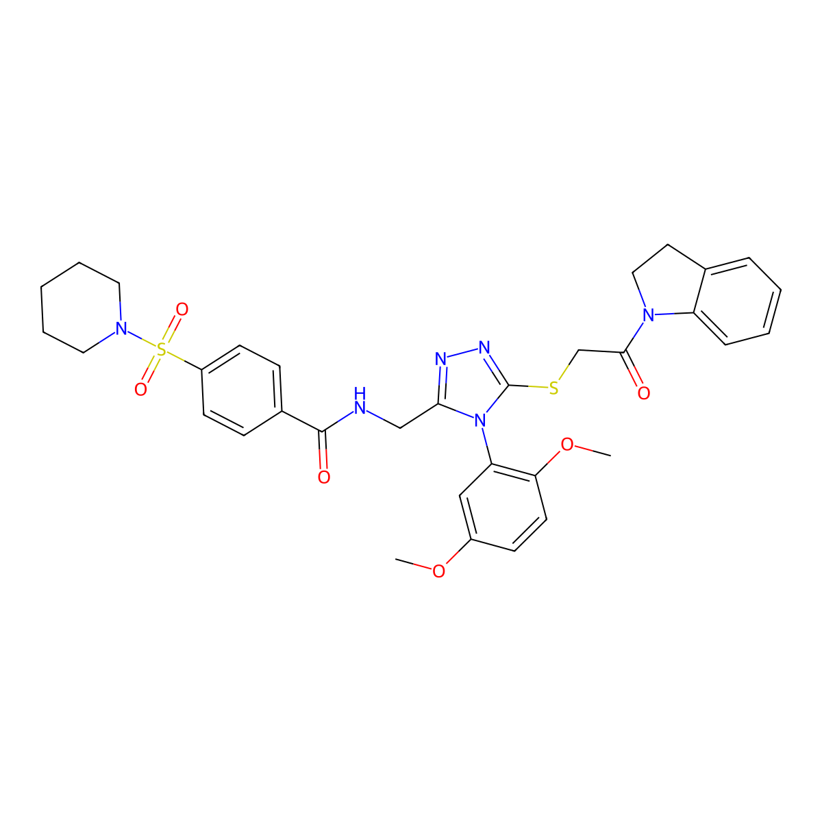 N-((4-(2,5-dimethoxyphenyl)-5-((2-(indolin-1-yl)-2-oxoethyl)thio)-4H-1,2,4-triazol-3-yl)methyl)-4-(piperidin-1-ylsulfonyl)benzamide molecular structure, CAS 309969-51-5