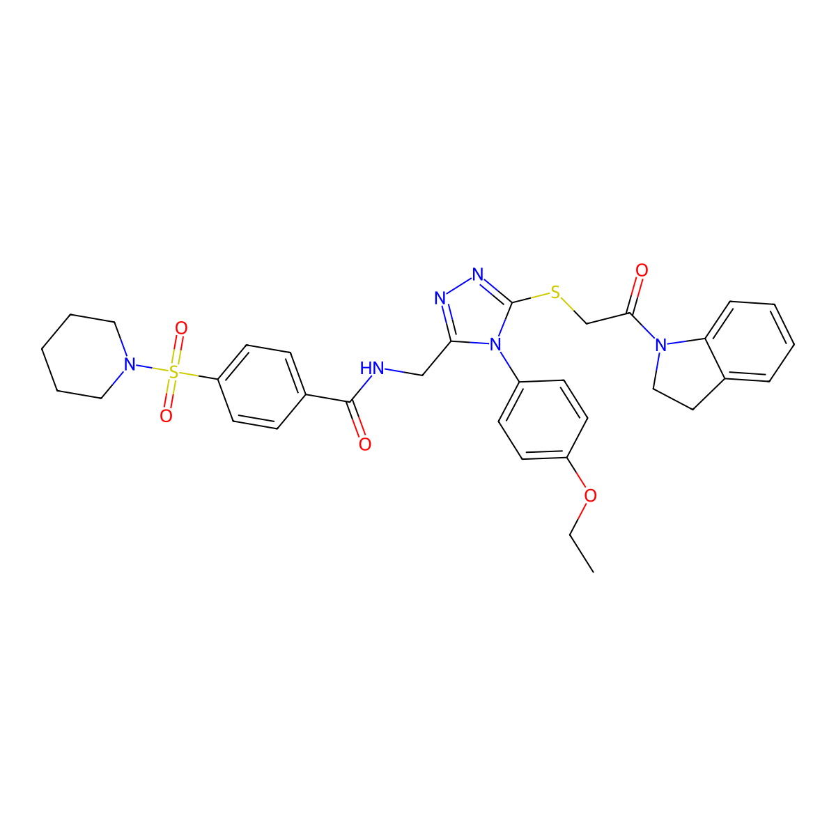 N-((4-(4-ethoxyphenyl)-5-((2-(indolin-1-yl)-2-oxoethyl)thio)-4H-1,2,4-triazol-3-yl)methyl)-4-(piperidin-1-ylsulfonyl)benzamide molecular structure, CAS 309969-52-6