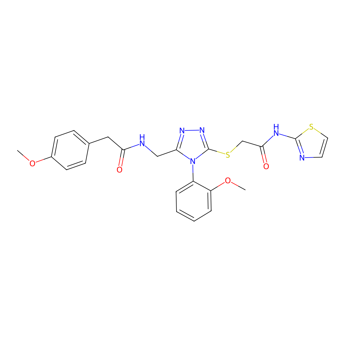 2-(4-methoxyphenyl)-N-((4-(2-methoxyphenyl)-5-((2-oxo-2-(thiazol-2-ylamino)ethyl)thio)-4H-1,2,4-triazol-3-yl)methyl)acetamide molecular structure, CAS 309969-57-1