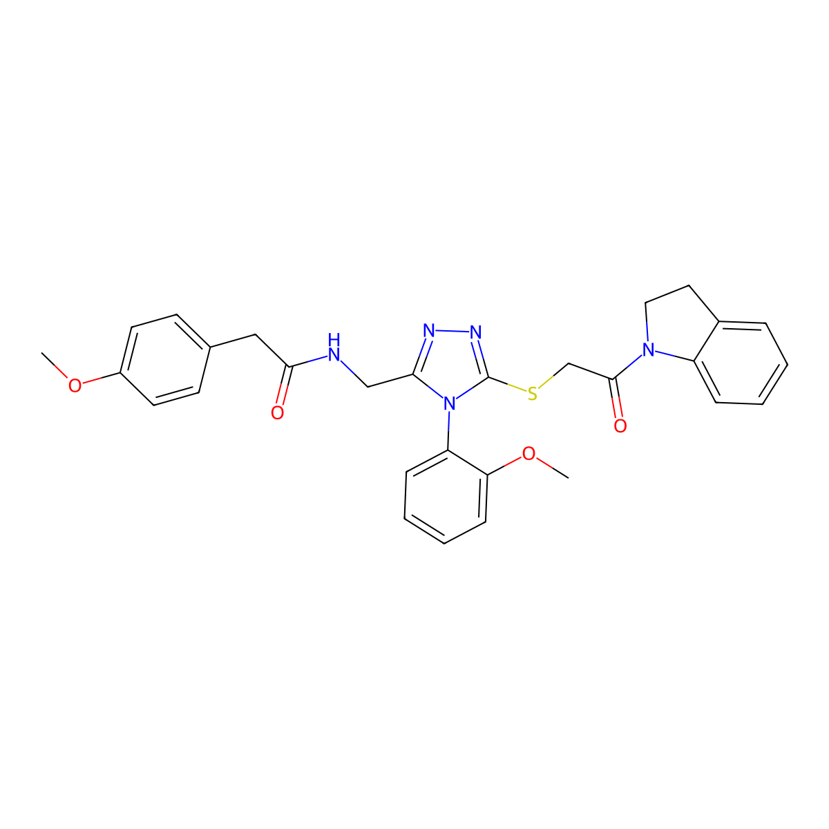 N-((5-((2-(indolin-1-yl)-2-oxoethyl)thio)-4-(2-methoxyphenyl)-4H-1,2,4-triazol-3-yl)methyl)-2-(4-methoxyphenyl)acetamide molecular structure, CAS 309969-58-2