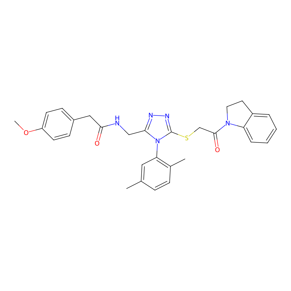 N-((4-(2,5-dimethylphenyl)-5-((2-(indolin-1-yl)-2-oxoethyl)thio)-4H-1,2,4-triazol-3-yl)methyl)-2-(4-methoxyphenyl)acetamide molecular structure, CAS 309969-60-6