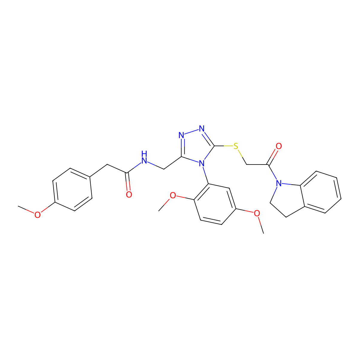 N-((4-(2,5-dimethoxyphenyl)-5-((2-(indolin-1-yl)-2-oxoethyl)thio)-4H-1,2,4-triazol-3-yl)methyl)-2-(4-methoxyphenyl)acetamide molecular structure, CAS 309969-61-7