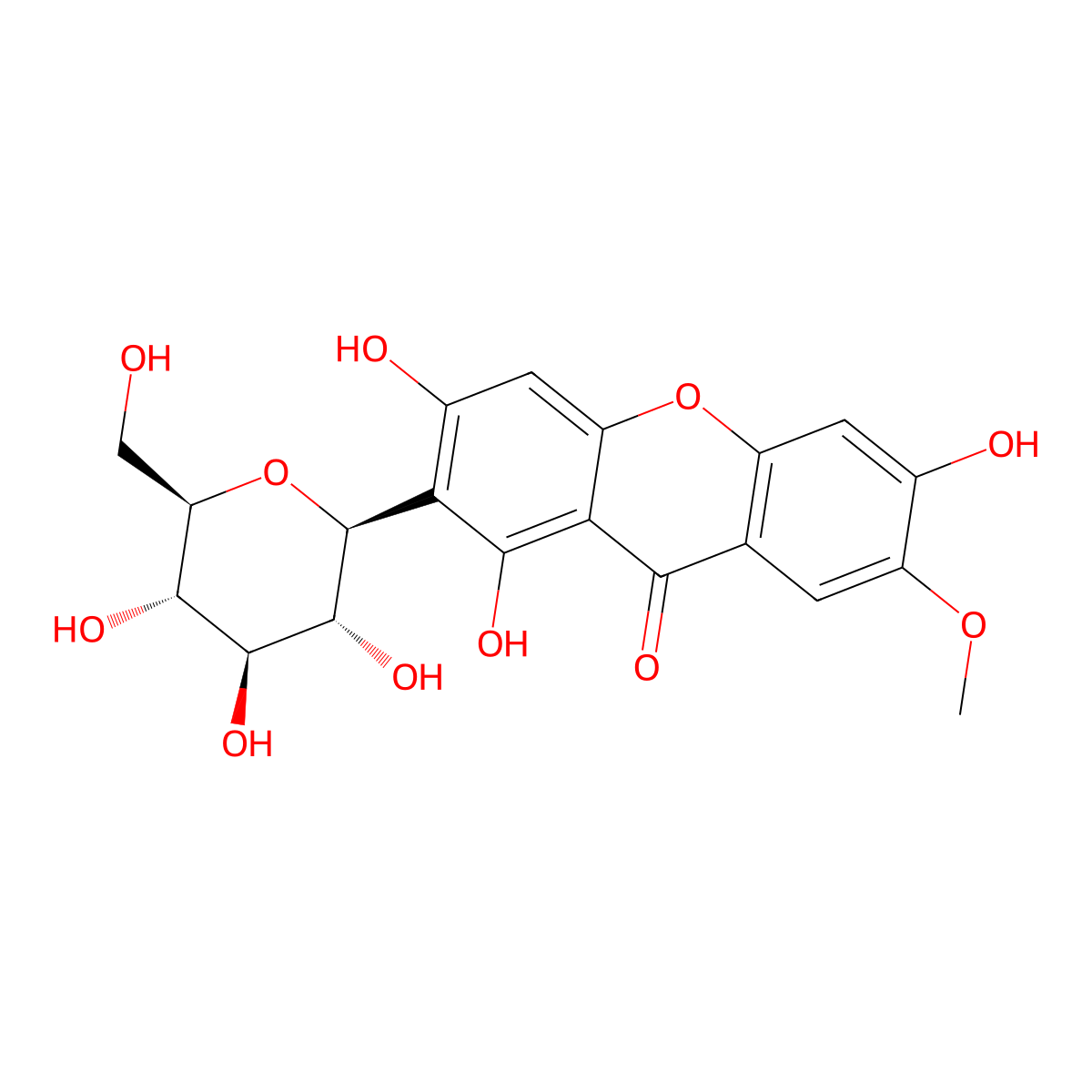 9H-Xanthen-9-one, 2-beta-D-glucopyranosyl-1,3,6-trihydroxy-7-methoxy- molecular structure, CAS 31002-12-7