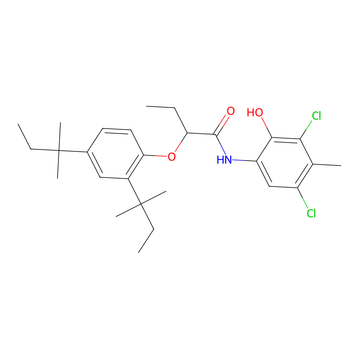 Butanamide, 2-(2,4-bis(1,1-dimethylpropyl)phenoxy)-N-(3,5-dichloro-2-hydroxy-4-methylphenyl)- molecular structure, CAS 31037-84-0