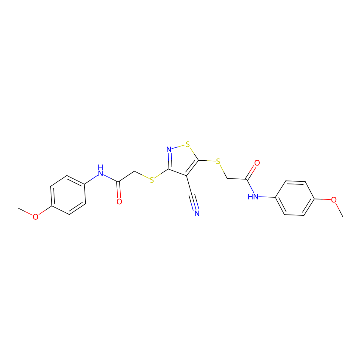 2-[(4-Cyano-3-{[2-(4-methoxyanilino)-2-oxoethyl]sulfanyl}-5-isothiazolyl)sulfanyl]-N-(4-methoxyphenyl)acetamide molecular structure, CAS 310418-21-4