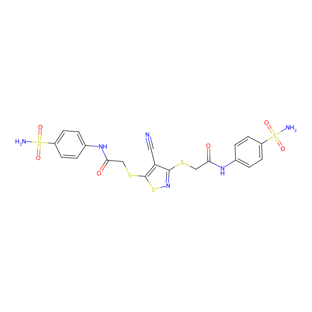 2-((3-((2-(4-(Aminosulfonyl)anilino)-2-oxoethyl)sulfanyl)-4-cyano-5-isothiazolyl)sulfanyl)-N-(4-(aminosulfonyl)phenyl)acetamide molecular structure, CAS 310418-22-5
