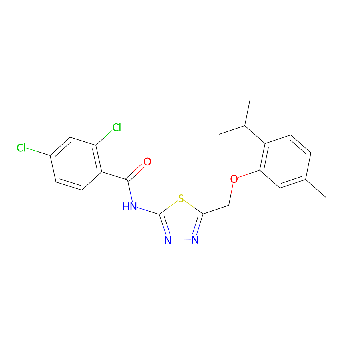 2,4-dichloro-N-[5-[(5-methyl-2-propan-2-ylphenoxy)methyl]-1,3,4-thiadiazol-2-yl]benzamide molecular structure, CAS 310418-74-7