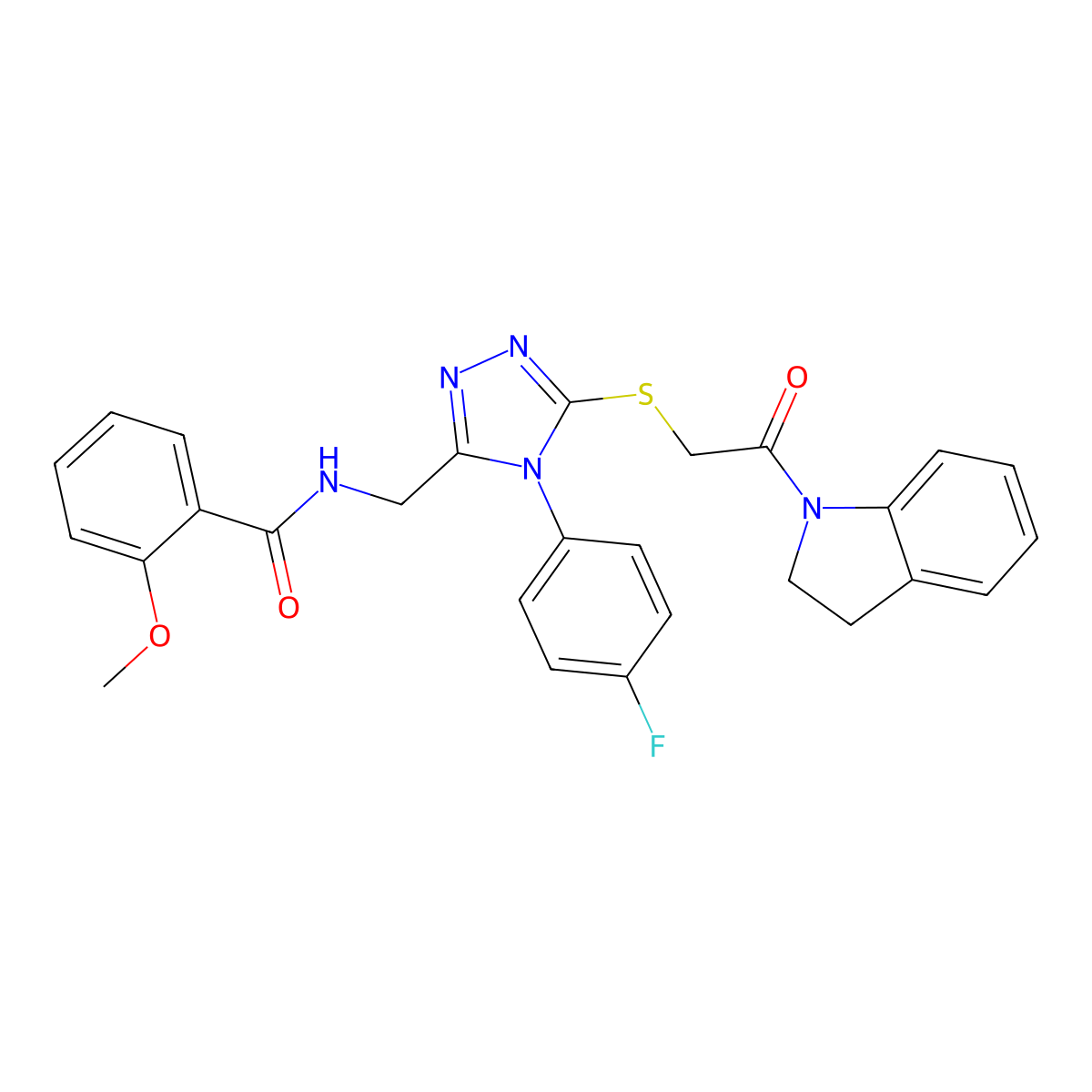N-((4-(4-fluorophenyl)-5-((2-(indolin-1-yl)-2-oxoethyl)thio)-4H-1,2,4-triazol-3-yl)methyl)-2-methoxybenzamide molecular structure, CAS 310427-14-6