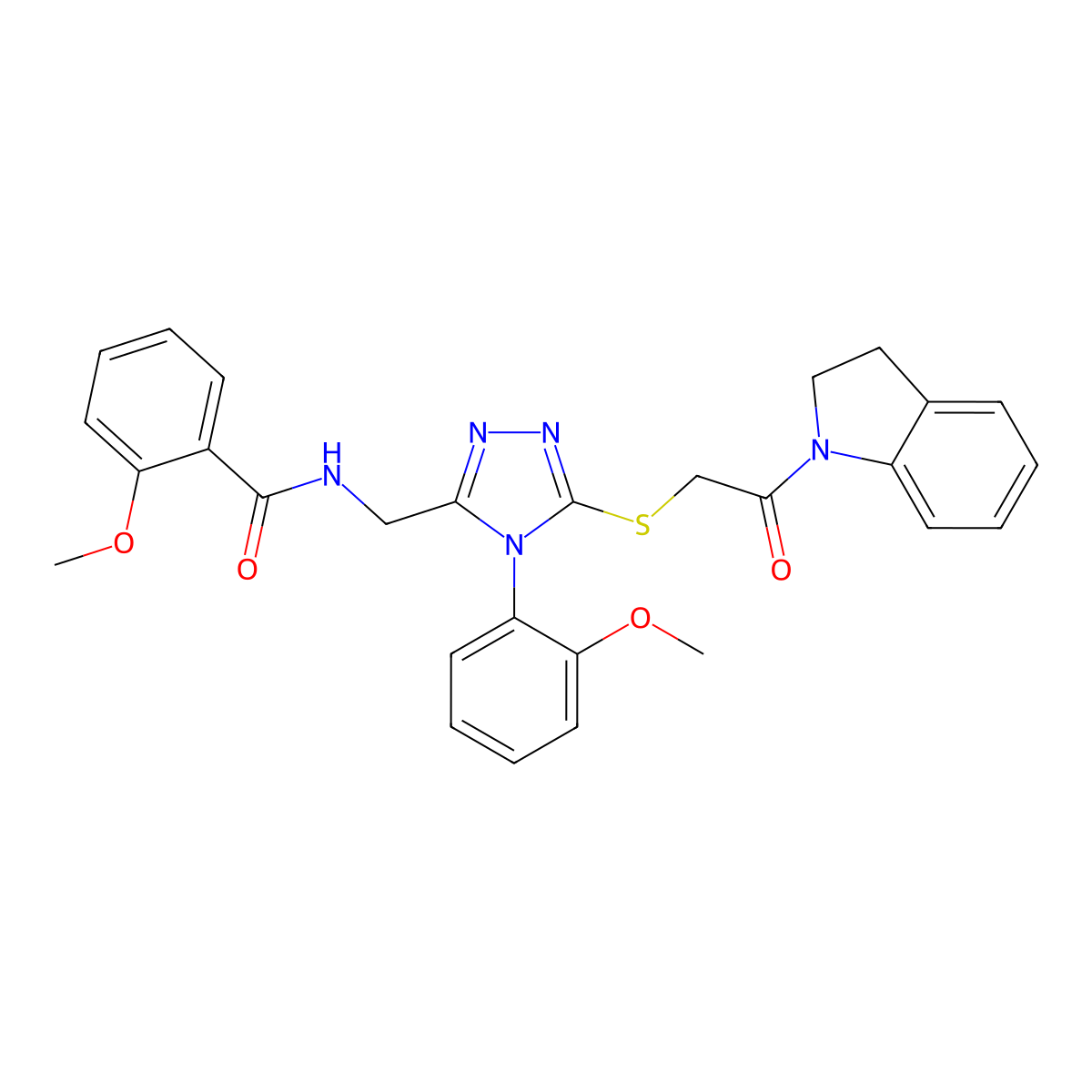 N-((5-((2-(indolin-1-yl)-2-oxoethyl)thio)-4-(2-methoxyphenyl)-4H-1,2,4-triazol-3-yl)methyl)-2-methoxybenzamide molecular structure, CAS 310427-16-8