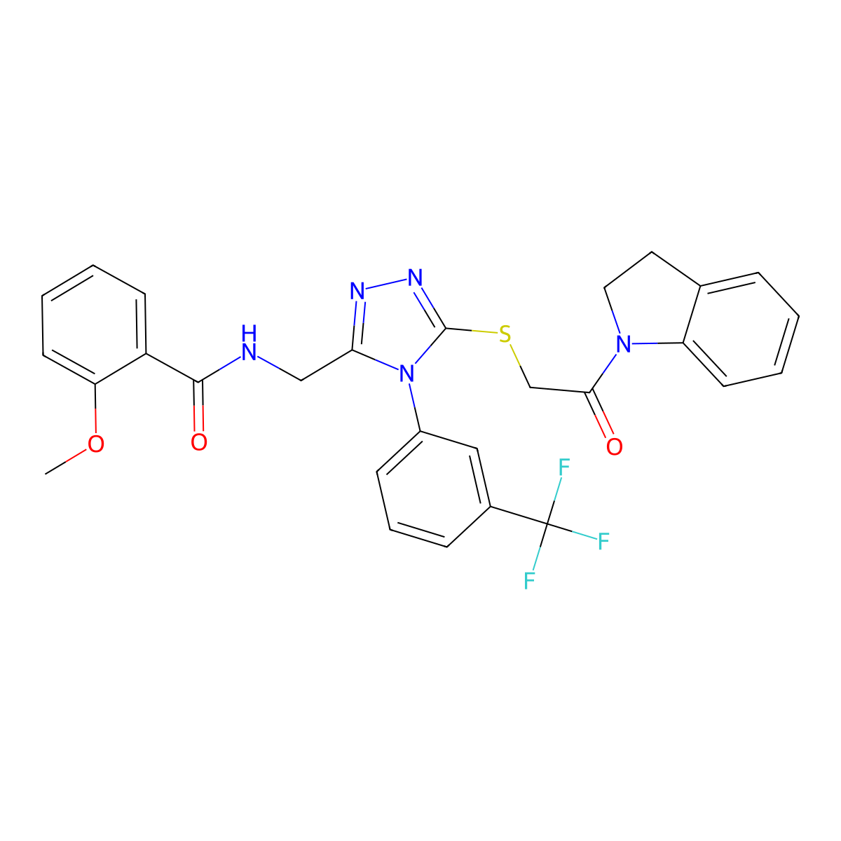N-((5-((2-(indolin-1-yl)-2-oxoethyl)thio)-4-(3-(trifluoromethyl)phenyl)-4H-1,2,4-triazol-3-yl)methyl)-2-methoxybenzamide molecular structure, CAS 310427-18-0