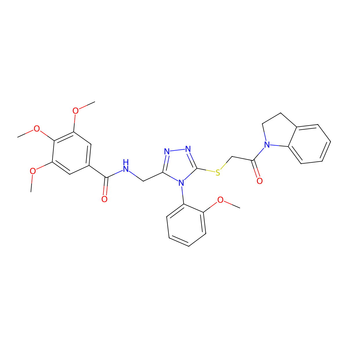 N-((5-((2-(indolin-1-yl)-2-oxoethyl)thio)-4-(2-methoxyphenyl)-4H-1,2,4-triazol-3-yl)methyl)-3,4,5-trimethoxybenzamide molecular structure, CAS 310427-21-5