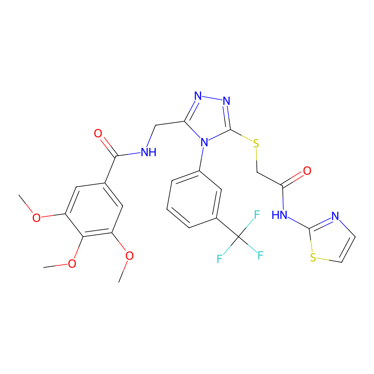 3,4,5-trimethoxy-N-((5-((2-oxo-2-(thiazol-2-ylamino)ethyl)thio)-4-(3-(trifluoromethyl)phenyl)-4H-1,2,4-triazol-3-yl)methyl)benzamide molecular structure, CAS 310427-22-6