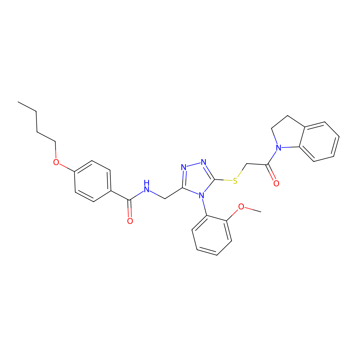 4-butoxy-N-((5-((2-(indolin-1-yl)-2-oxoethyl)thio)-4-(2-methoxyphenyl)-4H-1,2,4-triazol-3-yl)methyl)benzamide molecular structure, CAS 310427-24-8