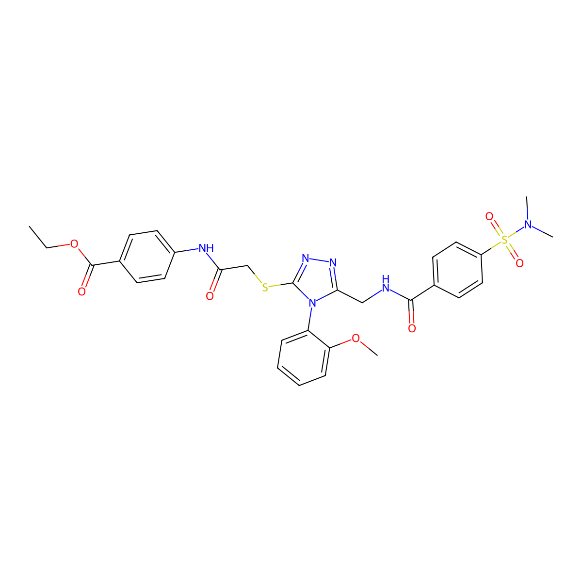 Ethyl 4-[[2-[[5-[[[4-(dimethylsulfamoyl)benzoyl]amino]methyl]-4-(2-methoxyphenyl)-1,2,4-triazol-3-yl]sulfanyl]acetyl]amino]benzoate molecular structure, CAS 310427-36-2