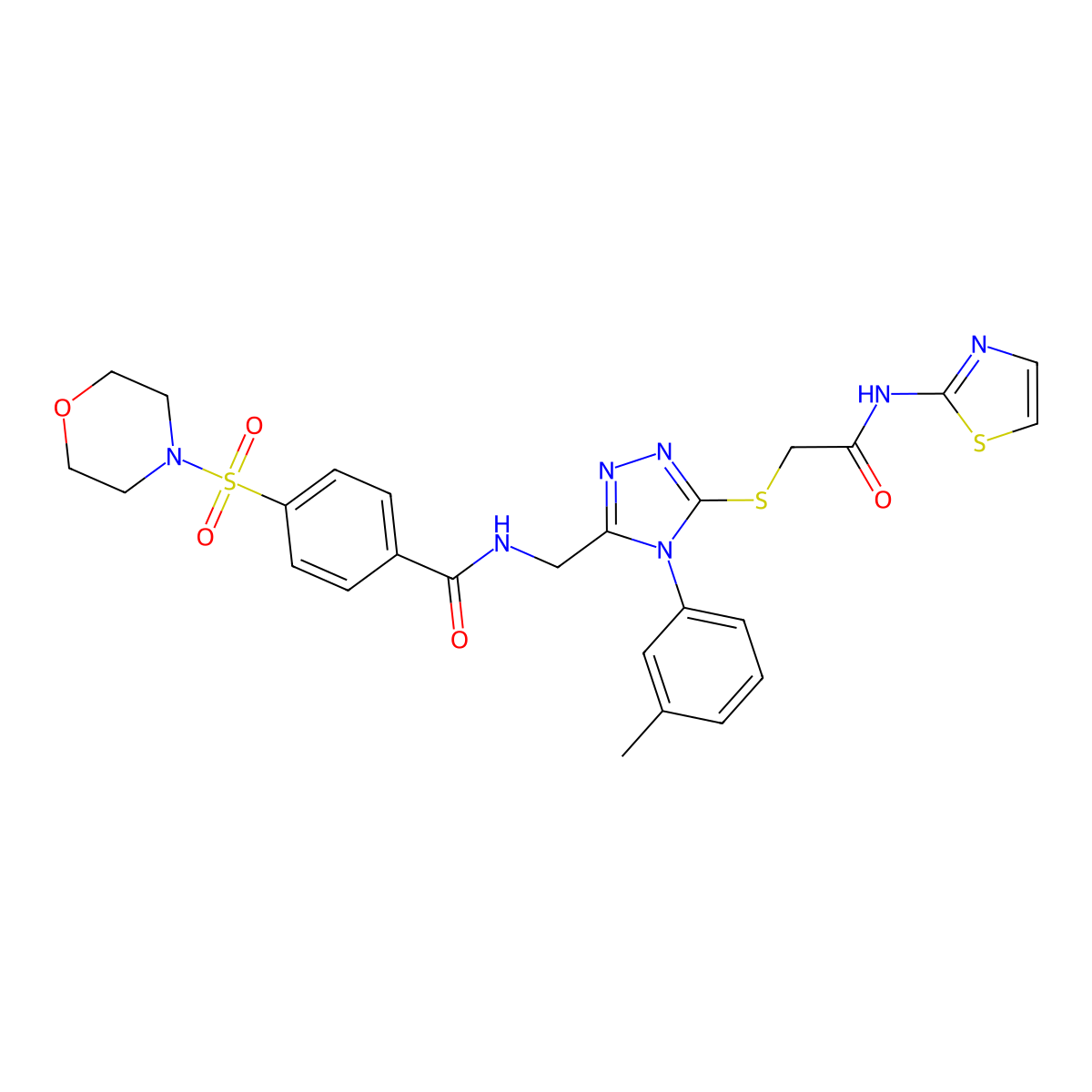 4-(morpholinosulfonyl)-N-((5-((2-oxo-2-(thiazol-2-ylamino)ethyl)thio)-4-(m-tolyl)-4H-1,2,4-triazol-3-yl)methyl)benzamide molecular structure, CAS 310427-46-4
