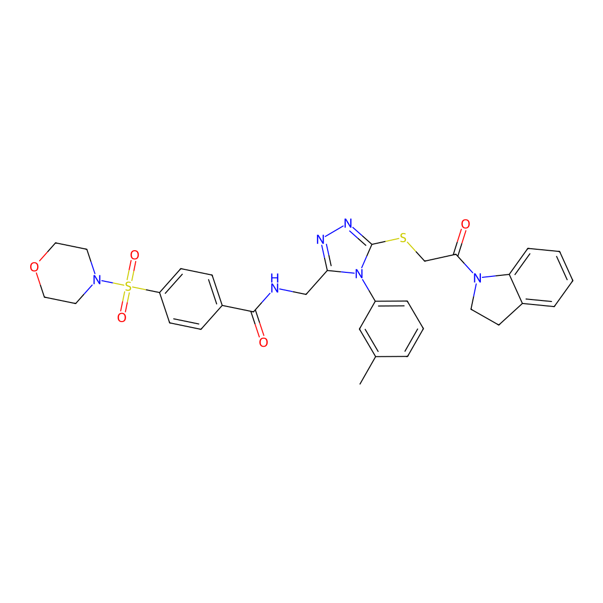 N-((5-((2-(indolin-1-yl)-2-oxoethyl)thio)-4-(m-tolyl)-4H-1,2,4-triazol-3-yl)methyl)-4-(morpholinosulfonyl)benzamide molecular structure, CAS 310427-48-6