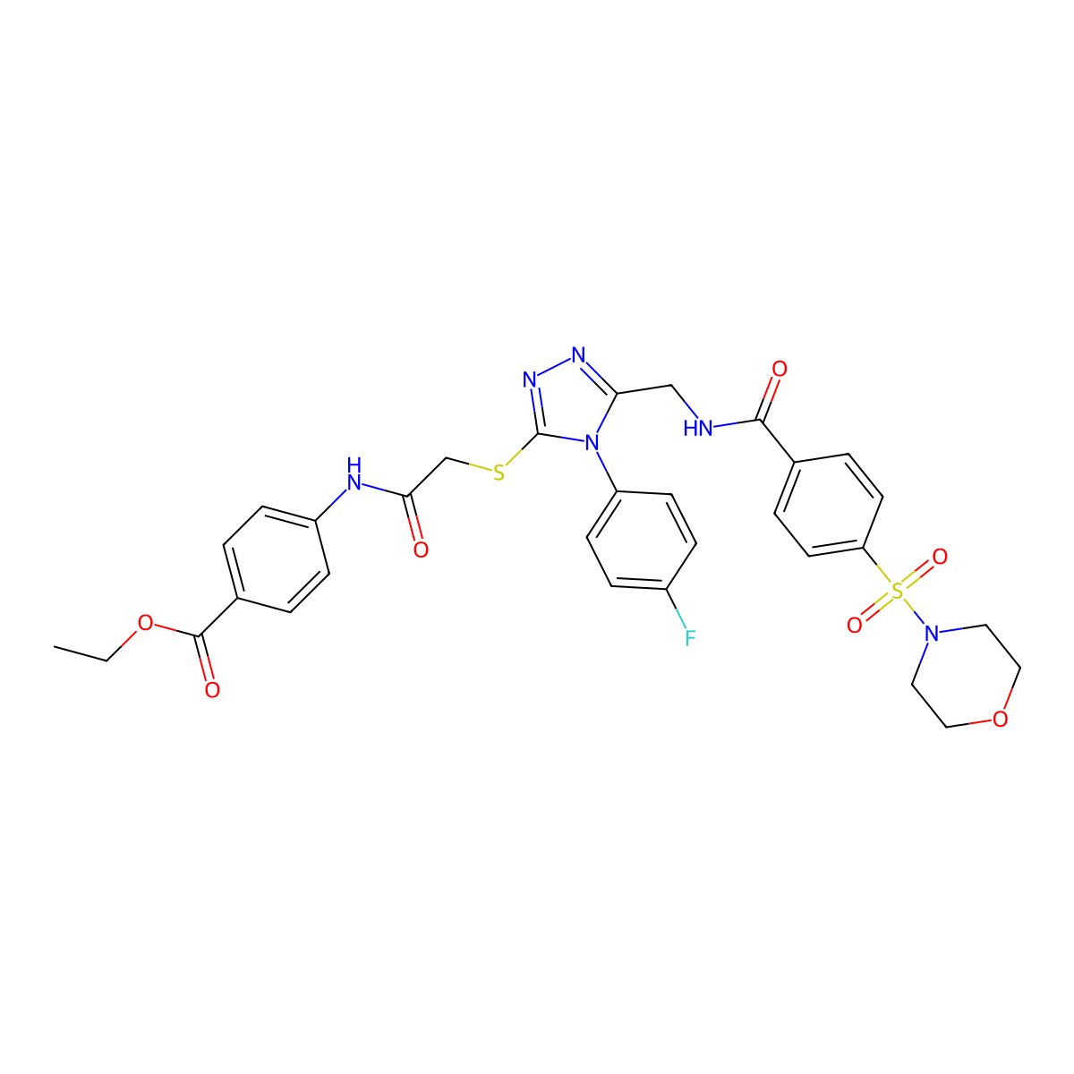 ethyl 4-(2-((4-(4-fluorophenyl)-5-((4-(morpholinosulfonyl)benzamido)methyl)-4H-1,2,4-triazol-3-yl)thio)acetamido)benzoate molecular structure, CAS 310427-54-4