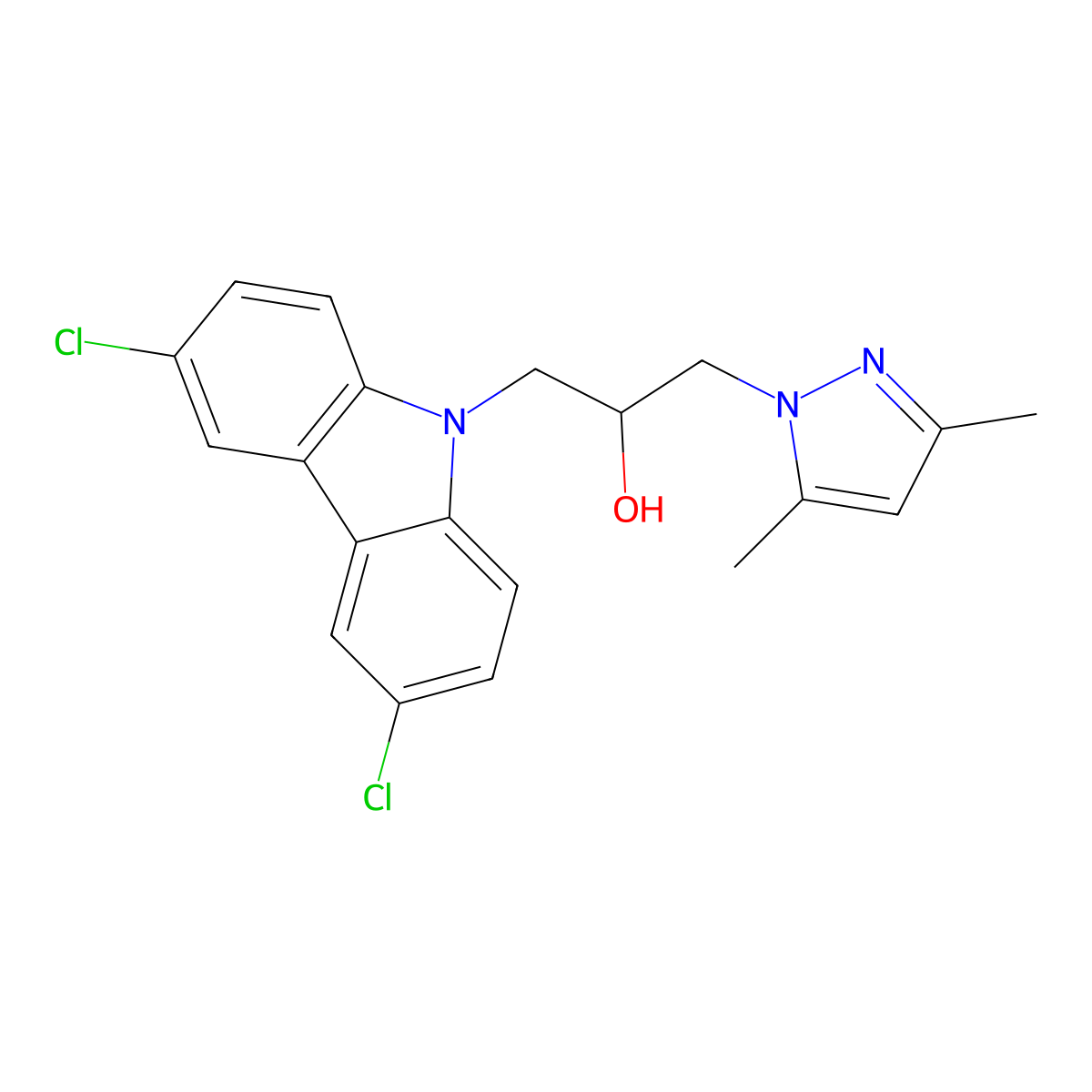 1-(3,6-dichloro-9H-carbazol-9-yl)-3-(3,5-dimethyl-1H-pyrazol-1-yl)propan-2-ol molecular structure, CAS 310440-71-2