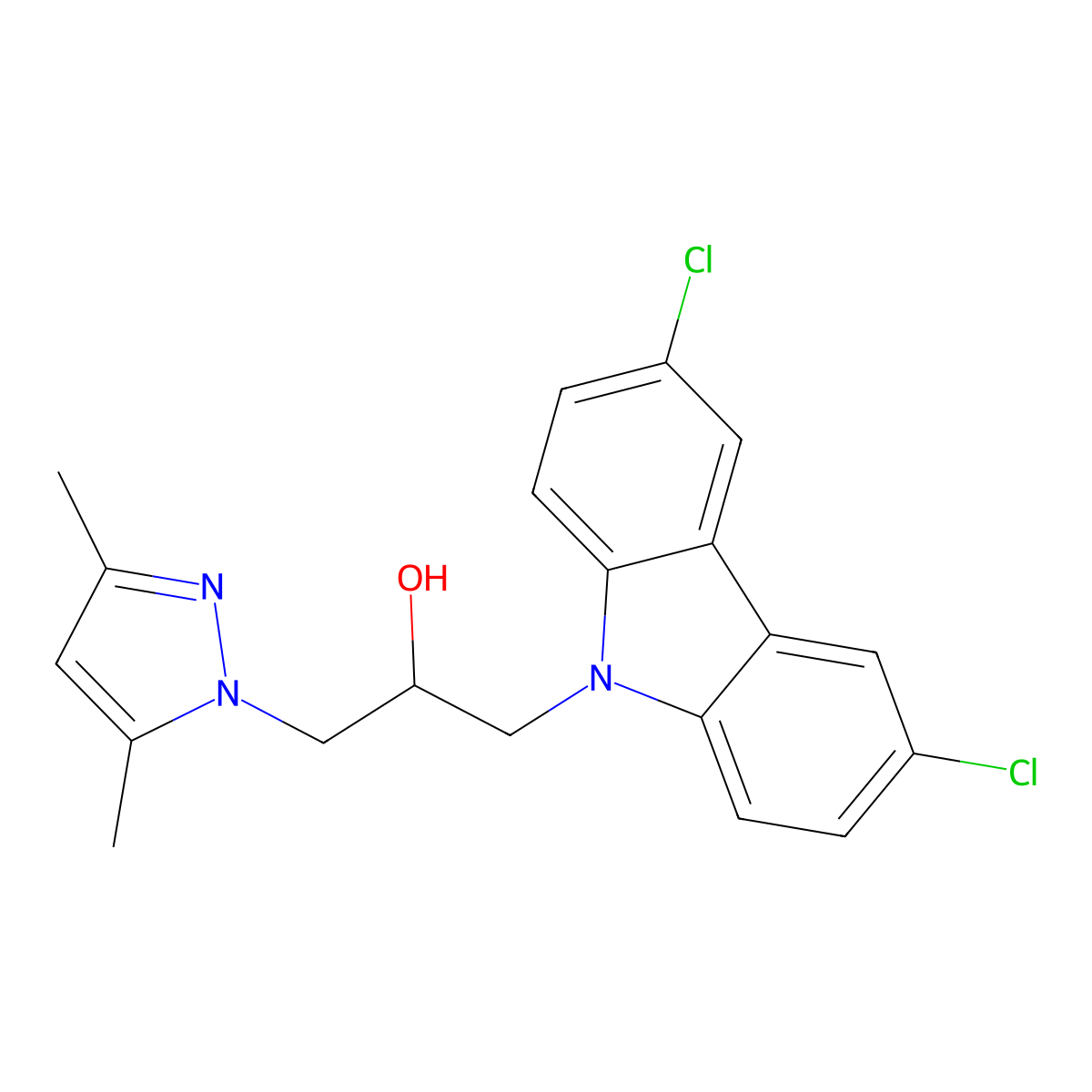 1-(3,6-dichloro-9H-carbazol-9-yl)-3-(3,5-dimethyl-1H-pyrazol-1-yl)propan-2-ol molecular structure, CAS 310440-71-2
