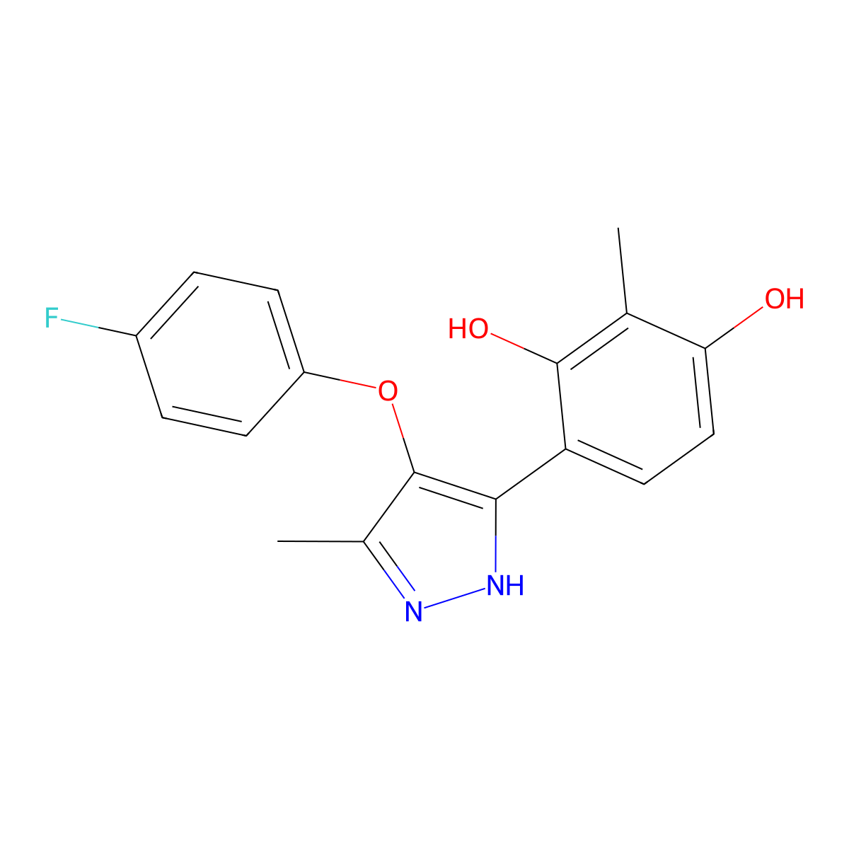 4-(4-(4-fluorophenoxy)-5-methyl-1H-pyrazol-3-yl)-2-methylbenzene-1,3-diol molecular structure, CAS 310440-81-4