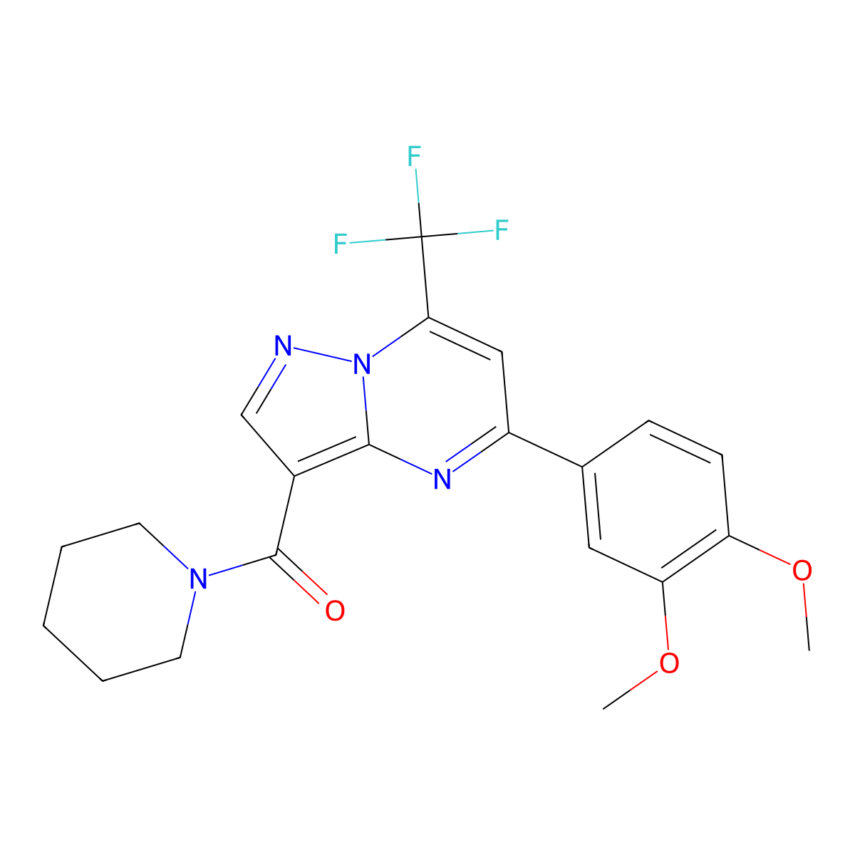 5-(3,4-Dimethoxyphenyl)-3-(1-piperidinylcarbonyl)-7-(trifluoromethyl)pyrazolo[1,5-a]pyrimidine molecular structure, CAS 310448-17-0