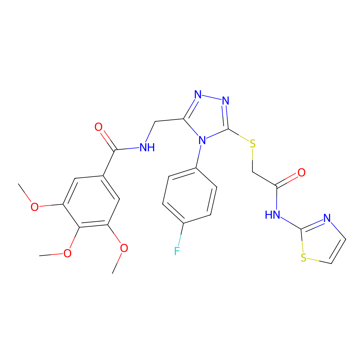 N-((4-(4-fluorophenyl)-5-((2-oxo-2-(thiazol-2-ylamino)ethyl)thio)-4H-1,2,4-triazol-3-yl)methyl)-3,4,5-trimethoxybenzamide molecular structure, CAS 310449-05-9