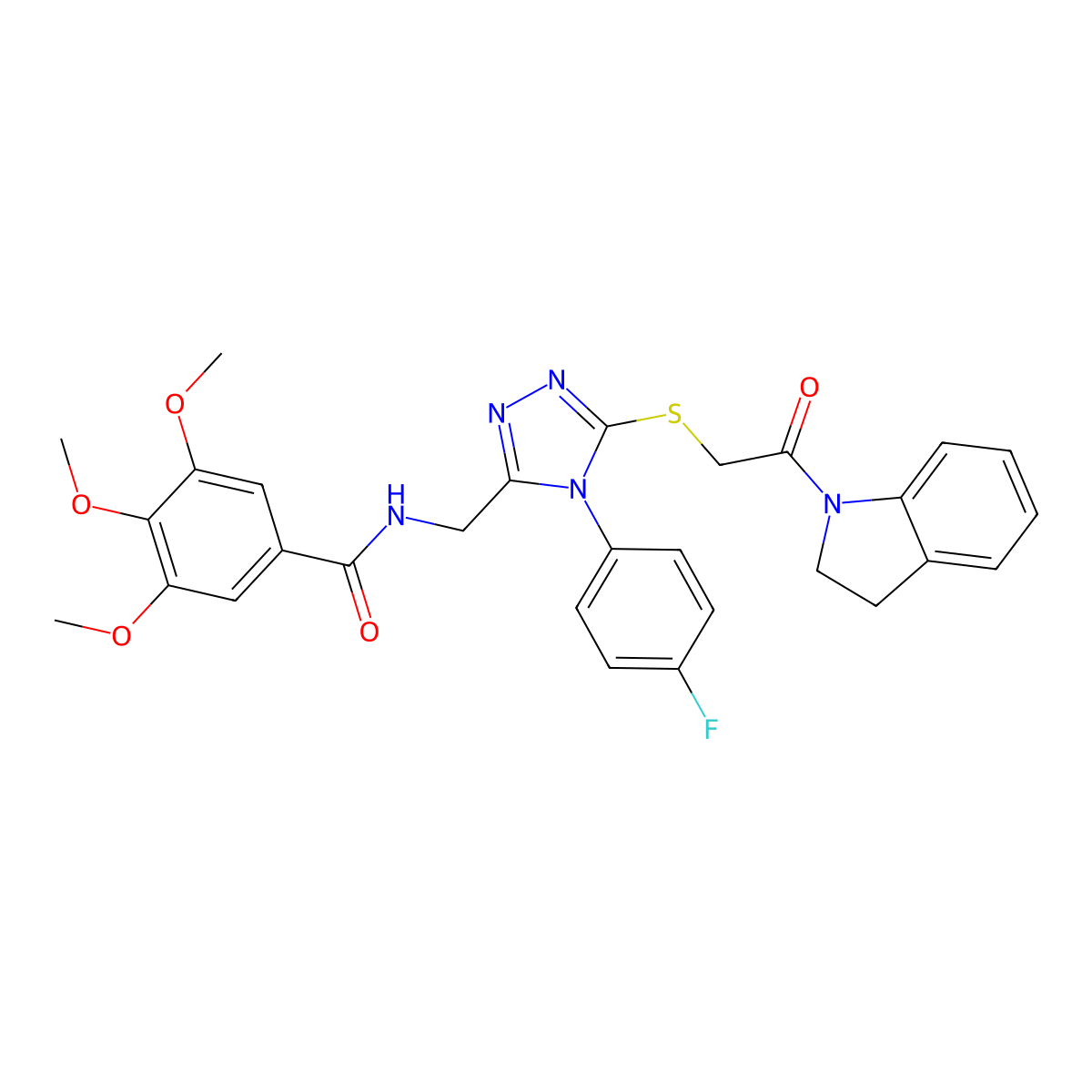 N-((4-(4-fluorophenyl)-5-((2-(indolin-1-yl)-2-oxoethyl)thio)-4H-1,2,4-triazol-3-yl)methyl)-3,4,5-trimethoxybenzamide molecular structure, CAS 310449-06-0