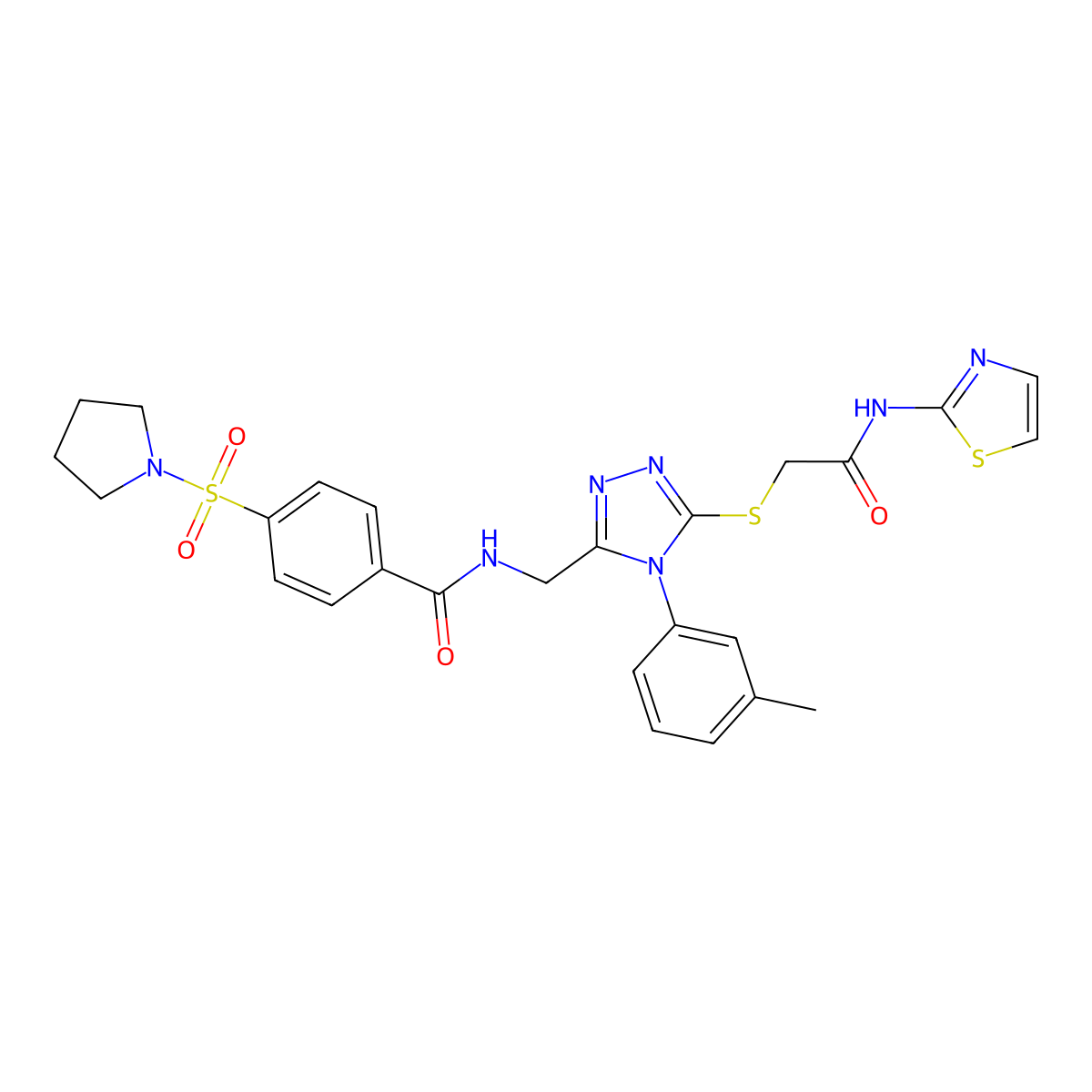 N-((5-((2-oxo-2-(thiazol-2-ylamino)ethyl)thio)-4-(m-tolyl)-4H-1,2,4-triazol-3-yl)methyl)-4-(pyrrolidin-1-ylsulfonyl)benzamide molecular structure, CAS 310449-15-1