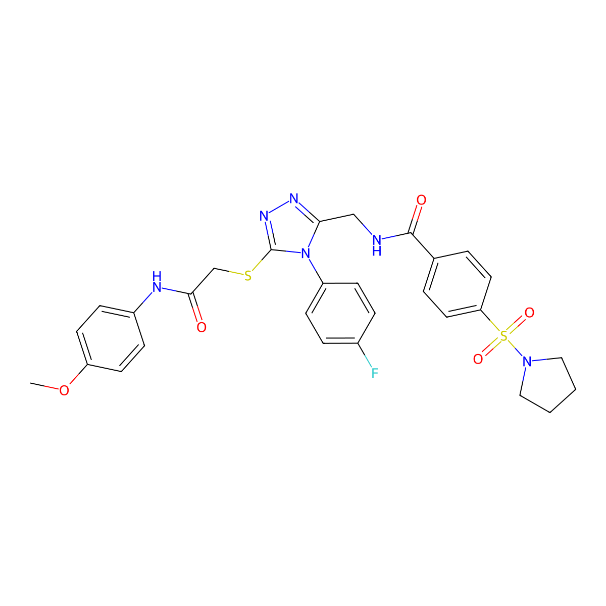 N-((4-(4-fluorophenyl)-5-((2-((4-methoxyphenyl)amino)-2-oxoethyl)thio)-4H-1,2,4-triazol-3-yl)methyl)-4-(pyrrolidin-1-ylsulfonyl)benzamide molecular structure, CAS 310449-17-3