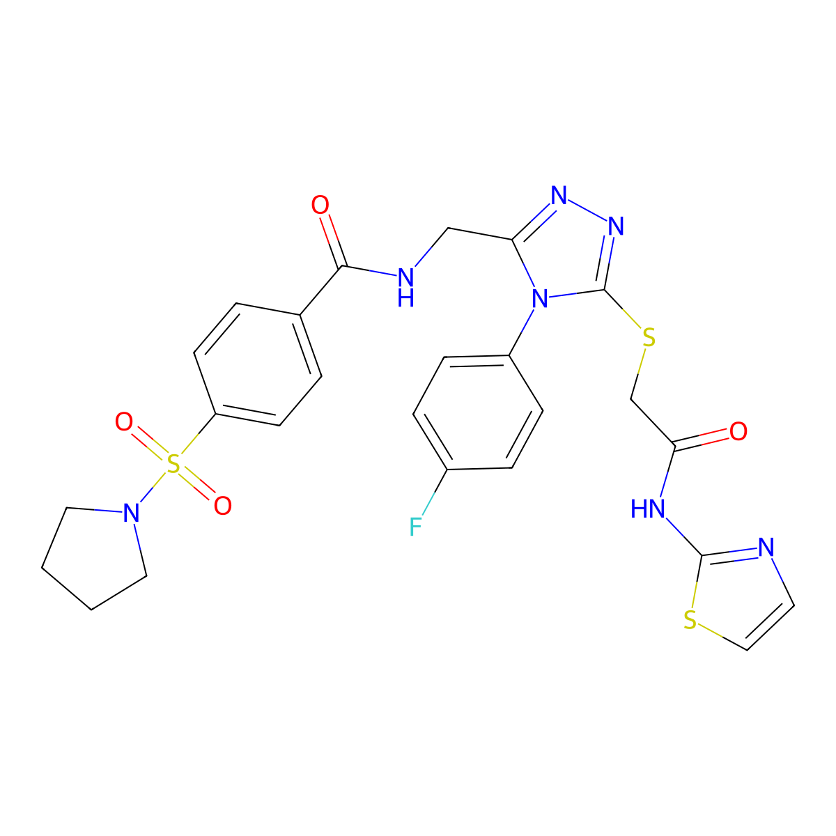 N-((4-(4-fluorophenyl)-5-((2-oxo-2-(thiazol-2-ylamino)ethyl)thio)-4H-1,2,4-triazol-3-yl)methyl)-4-(pyrrolidin-1-ylsulfonyl)benzamide molecular structure, CAS 310449-18-4