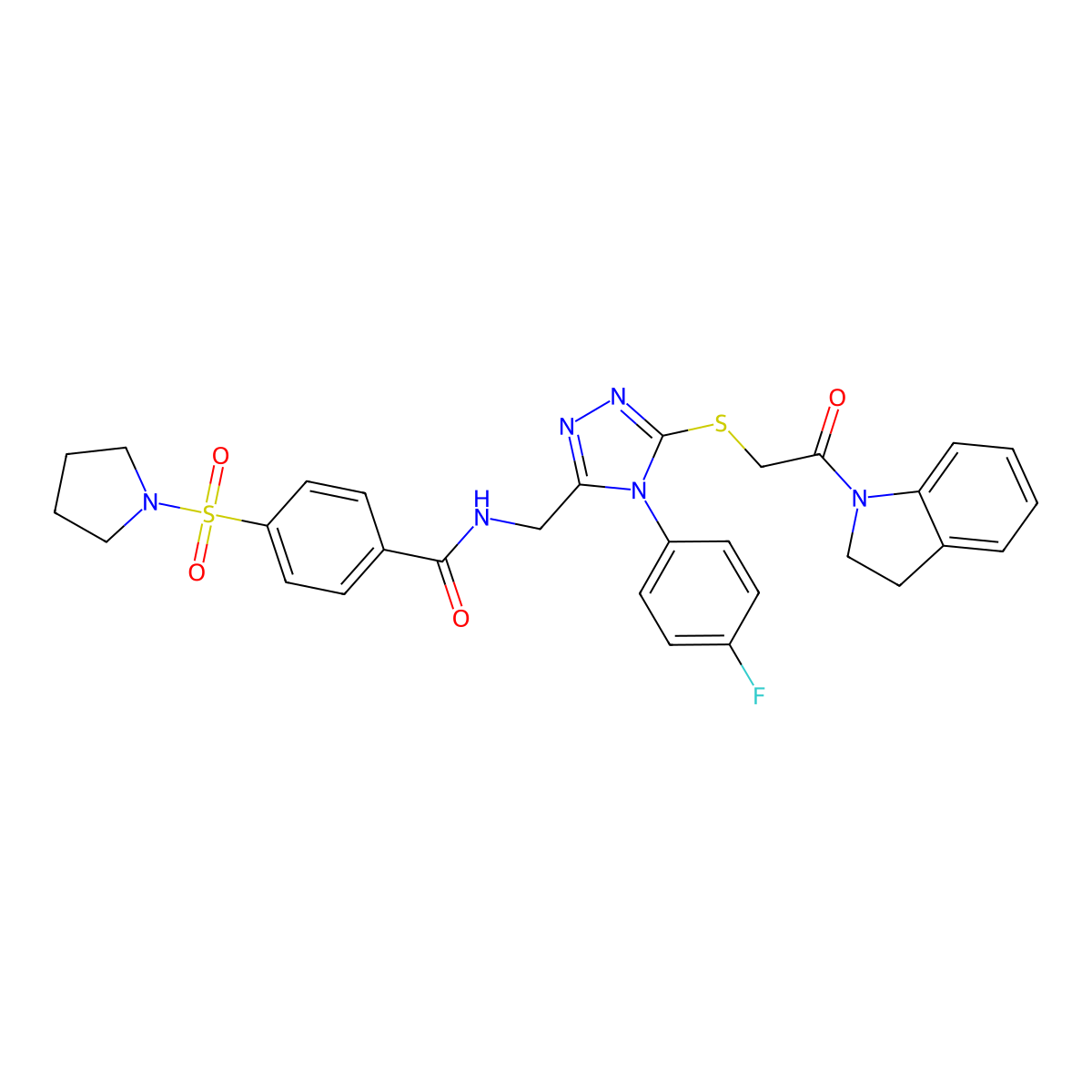 N-((4-(4-fluorophenyl)-5-((2-(indolin-1-yl)-2-oxoethyl)thio)-4H-1,2,4-triazol-3-yl)methyl)-4-(pyrrolidin-1-ylsulfonyl)benzamide molecular structure, CAS 310449-19-5