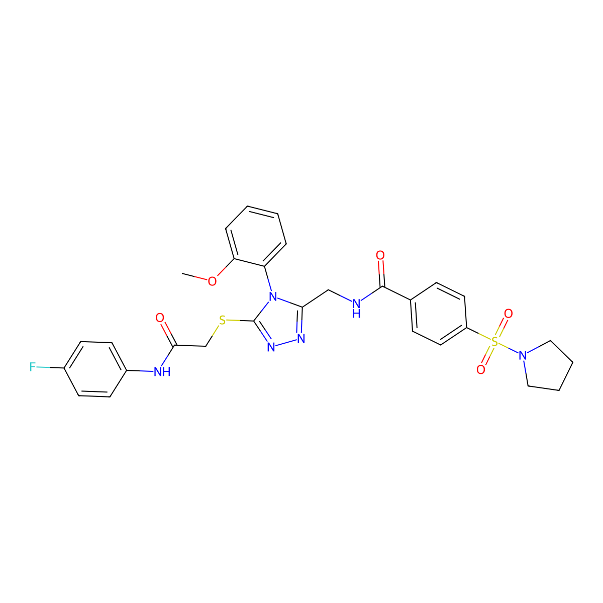 N-[[5-[2-(4-fluoroanilino)-2-oxoethyl]sulfanyl-4-(2-methoxyphenyl)-1,2,4-triazol-3-yl]methyl]-4-pyrrolidin-1-ylsulfonylbenzamide molecular structure, CAS 310449-20-8
