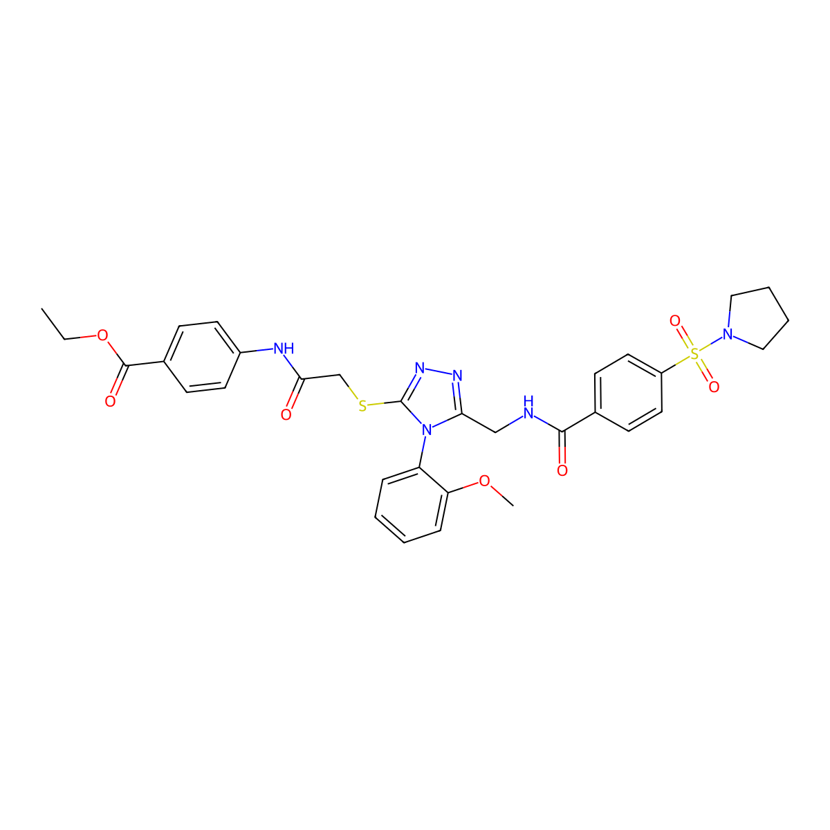 ethyl 4-(2-((4-(2-methoxyphenyl)-5-((4-(pyrrolidin-1-ylsulfonyl)benzamido)methyl)-4H-1,2,4-triazol-3-yl)thio)acetamido)benzoate molecular structure, CAS 310449-22-0