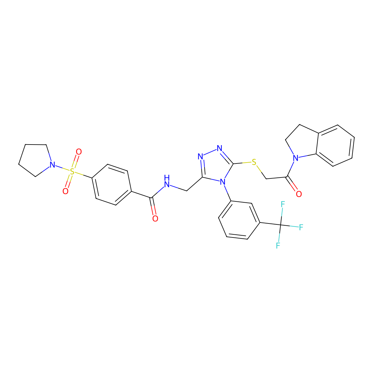 N-((5-((2-(indolin-1-yl)-2-oxoethyl)thio)-4-(3-(trifluoromethyl)phenyl)-4H-1,2,4-triazol-3-yl)methyl)-4-(pyrrolidin-1-ylsulfonyl)benzamide molecular structure, CAS 310449-27-5