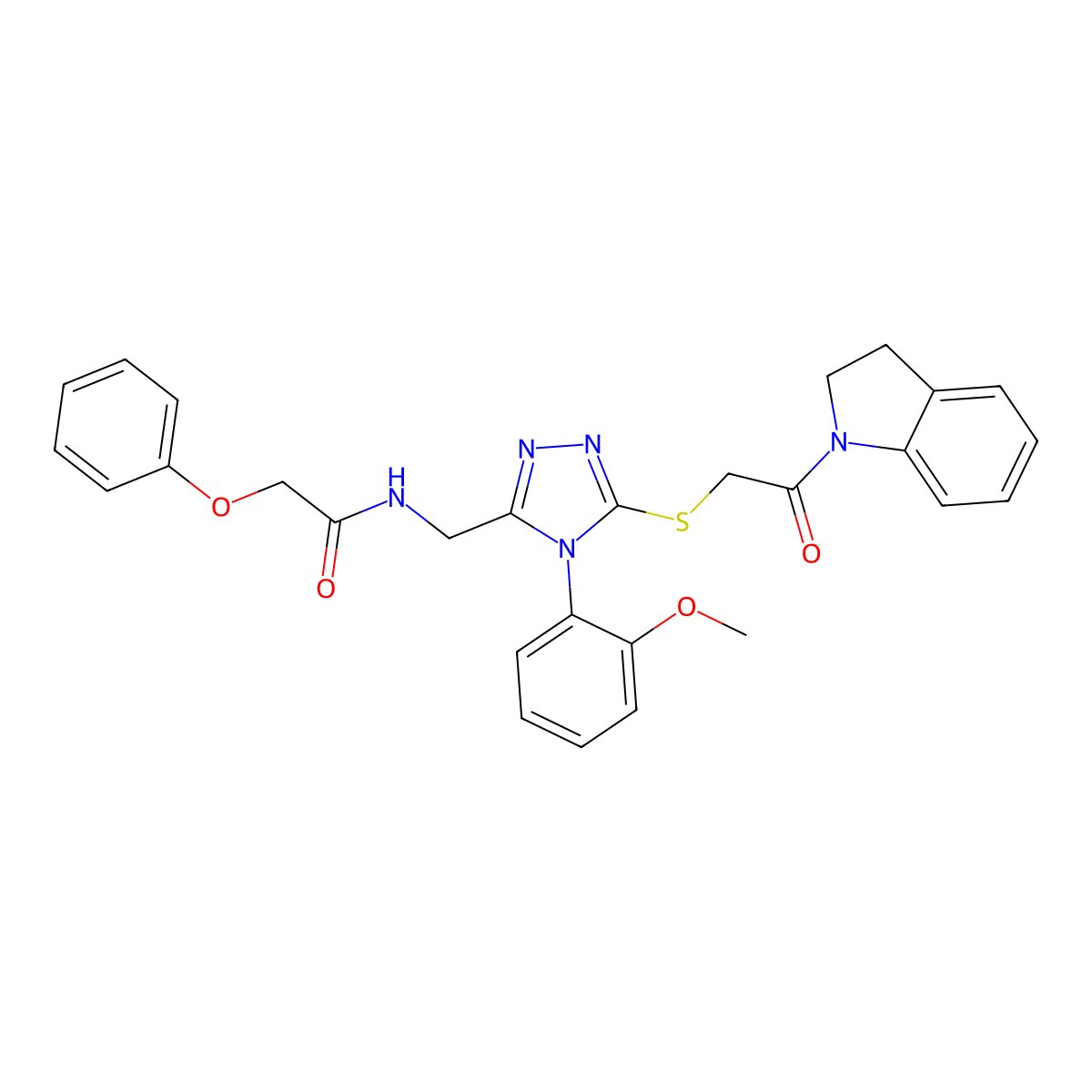 N-((5-((2-(indolin-1-yl)-2-oxoethyl)thio)-4-(2-methoxyphenyl)-4H-1,2,4-triazol-3-yl)methyl)-2-phenoxyacetamide molecular structure, CAS 310449-29-7