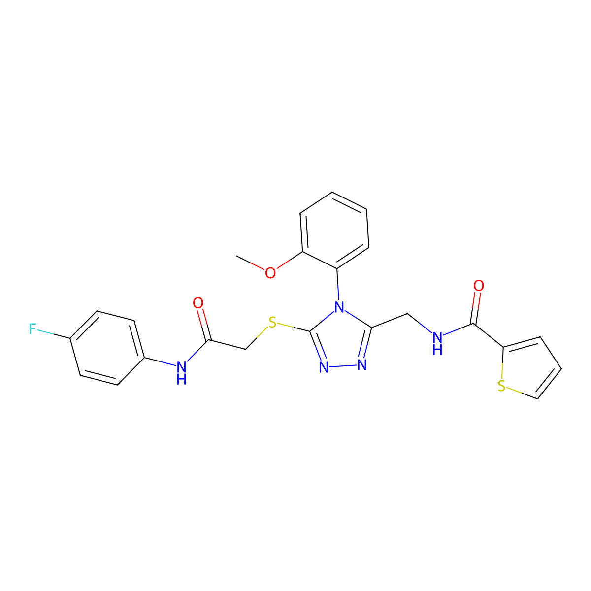 N-((5-((2-((4-fluorophenyl)amino)-2-oxoethyl)thio)-4-(2-methoxyphenyl)-4H-1,2,4-triazol-3-yl)methyl)thiophene-2-carboxamide molecular structure, CAS 310449-39-9