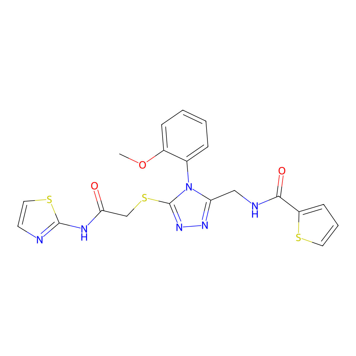 N-((4-(2-methoxyphenyl)-5-((2-oxo-2-(thiazol-2-ylamino)ethyl)thio)-4H-1,2,4-triazol-3-yl)methyl)thiophene-2-carboxamide molecular structure, CAS 310449-42-4