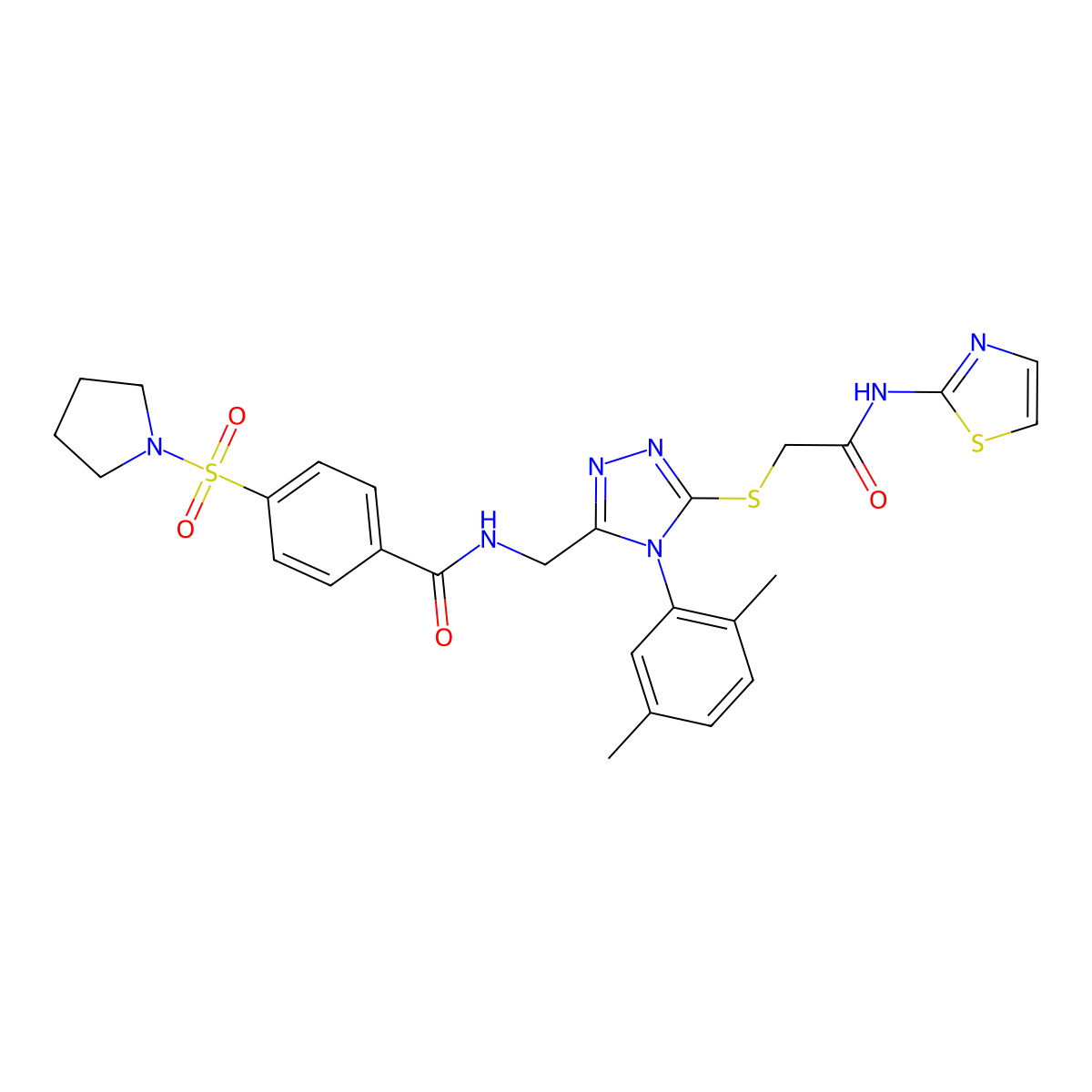N-((4-(2,5-dimethylphenyl)-5-((2-oxo-2-(thiazol-2-ylamino)ethyl)thio)-4H-1,2,4-triazol-3-yl)methyl)-4-(pyrrolidin-1-ylsulfonyl)benzamide molecular structure, CAS 310449-47-9