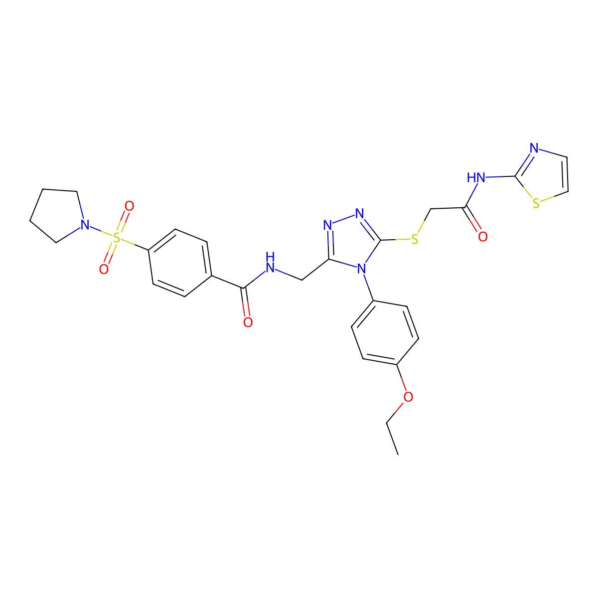 N-((4-(4-ethoxyphenyl)-5-((2-oxo-2-(thiazol-2-ylamino)ethyl)thio)-4H-1,2,4-triazol-3-yl)methyl)-4-(pyrrolidin-1-ylsulfonyl)benzamide molecular structure, CAS 310449-49-1